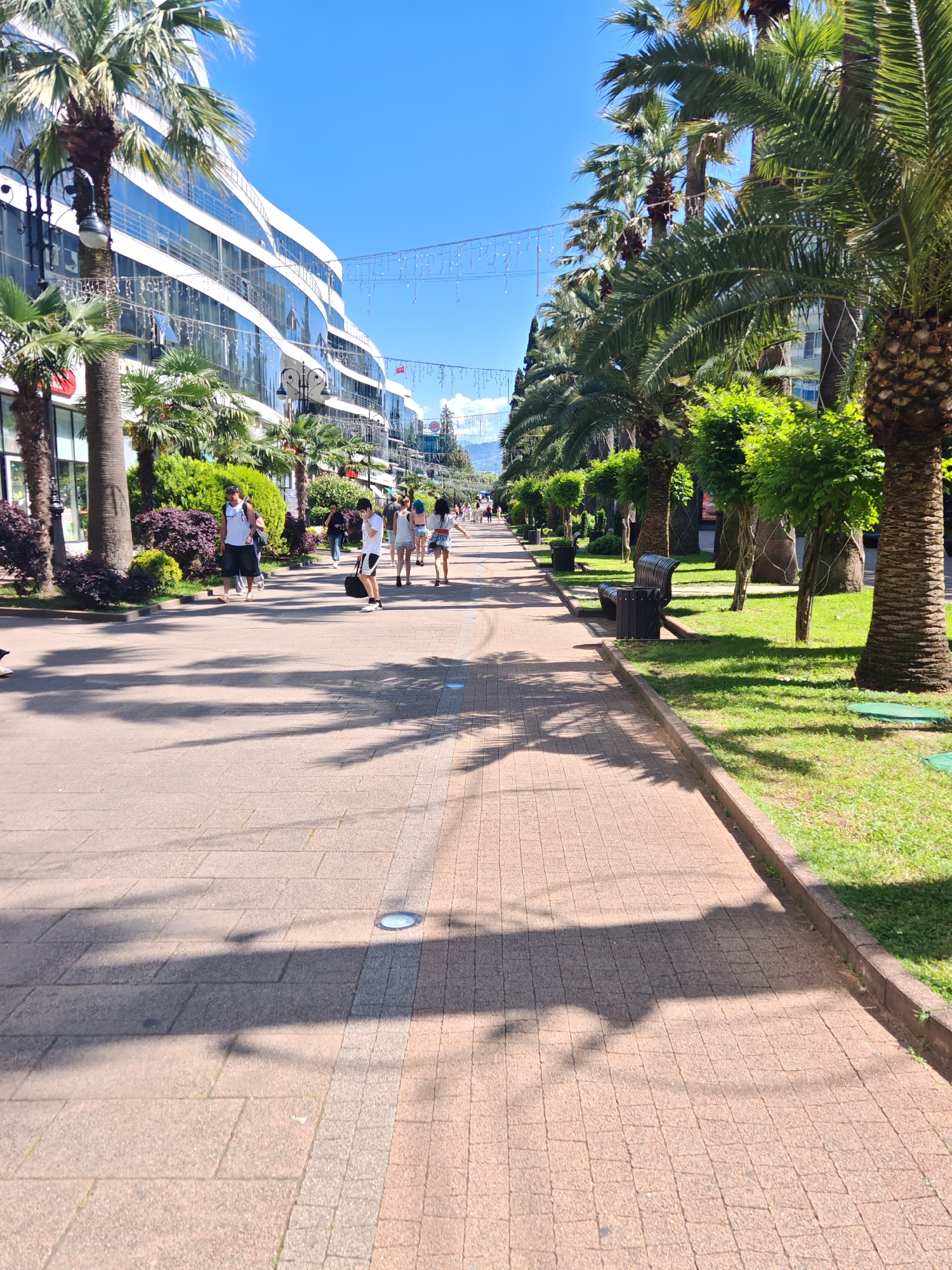A wide, paved pedestrian promenade stretches into the distance, flanked by a modern building on the left and a landscaped green area on the right, under a clear blue sky in the city of Unknown, Unknown. On the left, a multi-story, curved building with extensive reflective glass facades and white elements is fronted by tall palm trees and smaller green foliage, with string lights suspended horizontally across the promenade. The right side features a strip of maintained green grass, numerous tall palm trees with visible trunks, and rows of smaller, well-groomed trees and bushes, alongside dark-colored park benches and trash bins. The promenade is paved with light-toned rectangular pavers, featuring a lighter central strip and embedded circular ground lights; prominent shadows of palm fronds are cast across its surface by bright sunlight. Multiple individuals are walking along the promenade in various directions; in the mid-ground, two men in casual attire walk towards the viewer, one carrying a dark duffel bag, while further down, a group of casually dressed people proceed along the path. Distant mountains are faintly visible on the horizon under a scattering of sparse clouds.