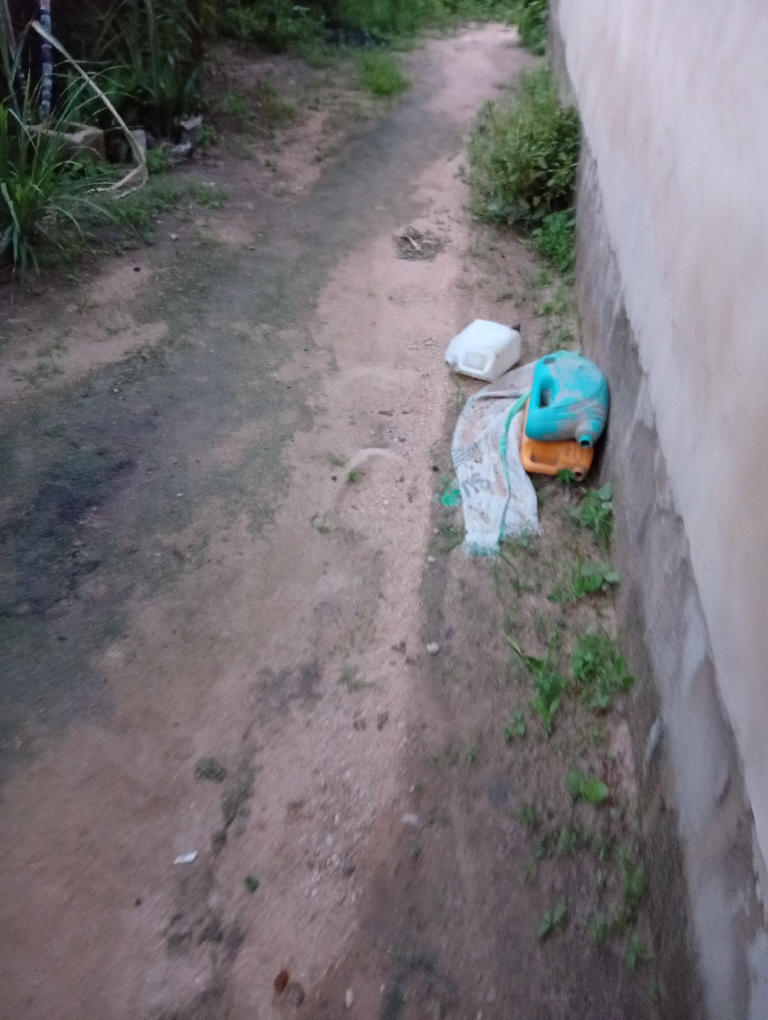 The image depicts an outdoor scene in Jalingo, Nigeria, likely an alleyway or side path adjacent to a building. The ground is a mix of dirt and gravel, with some patches of sparse vegetation and debris. To the right, a light-colored wall of a building is visible, running along the path. On the ground near the wall are several plastic containers, including a white jerrycan and a stacked arrangement of an orange and a blue jerrycan, partially covered by a white fabric or tarp. The surrounding vegetation appears somewhat overgrown in places, with tall grasses or reeds visible on the left side of the path and smaller green plants scattered throughout. The overall impression is of an unkempt, outdoor area.