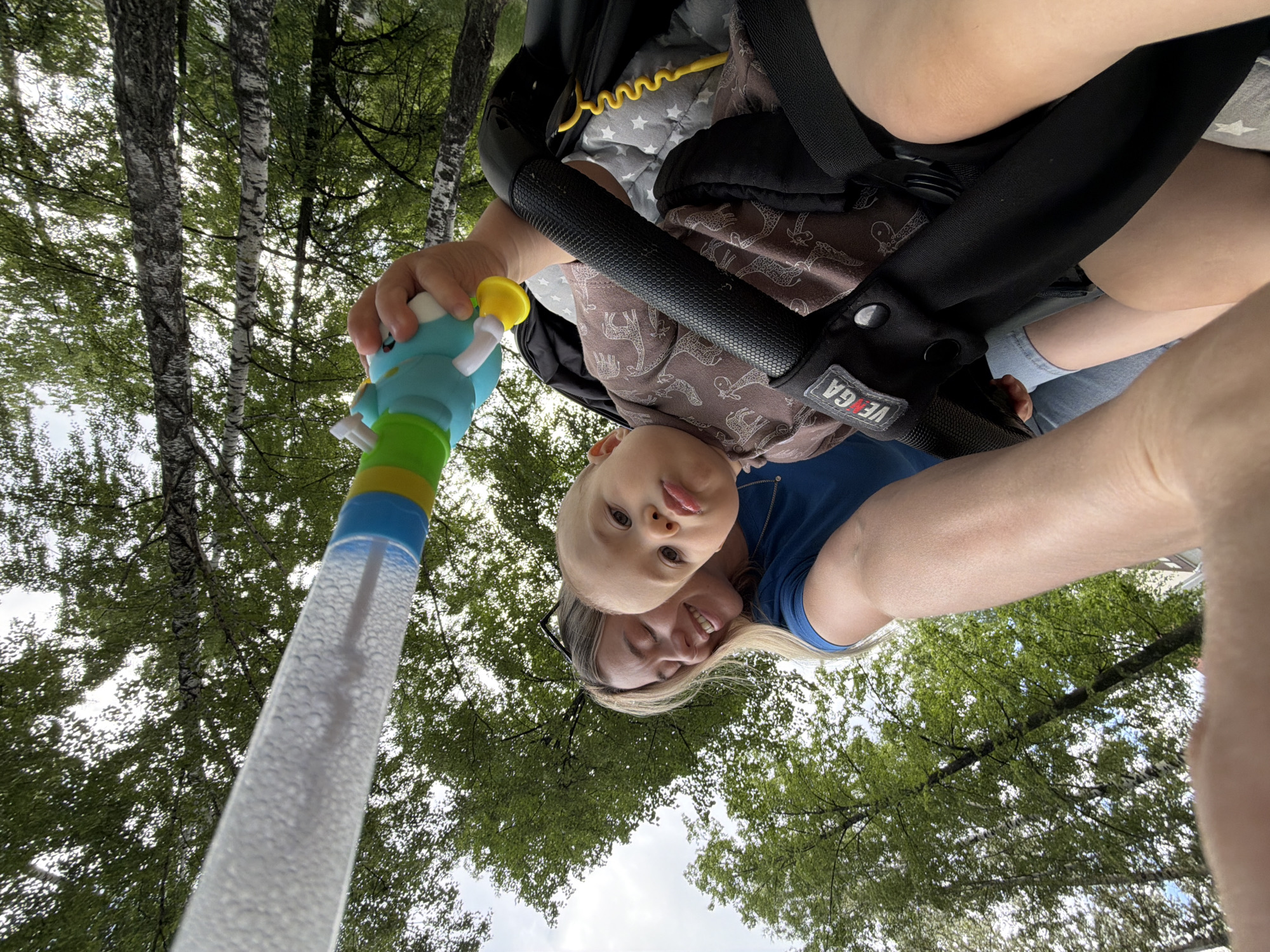 In this upside-down, wide-angle selfie, a woman and a baby are positioned in the foreground against a backdrop of trees. The woman, with blonde hair and smiling eyes, is looking towards the camera. She appears to be holding a baby, whose face is close to hers, with a curious expression. Both are dressed casually; the woman in a blue top and the baby in a patterned onesie with giraffes. They are seated in a stroller, evident from the black stroller handle and harness visible in the frame. A bright, colorful toy, possibly a bubble wand, is held by the woman's hand, suggesting an outdoor activity.
The setting is a park or wooded area, with the leaves of birch trees dominating the background, indicating a bright, possibly overcast day. The light filtering through the leaves suggests it is daytime. The image has a playful, intimate feel, capturing a moment of connection between the mother and child. The orientation of the photo implies it was taken at a low angle, looking upwards. There is text visible on a black strap of the stroller that reads "VEGA". The context provided places this scene in Chaikovsky, Russia.