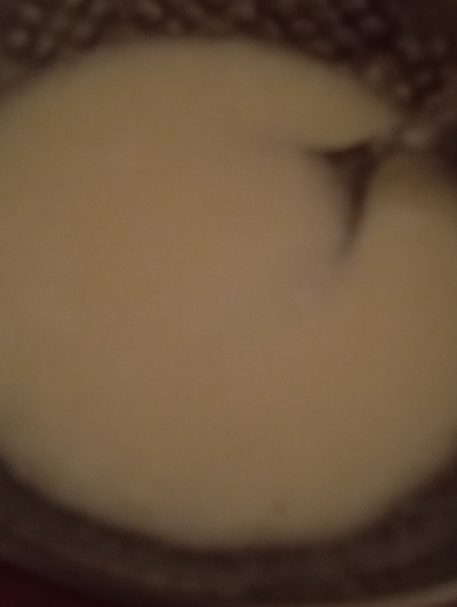 The image shows a close-up, blurred view of a creamy, light-colored substance in a metal container. A utensil, likely a spoon, is partially submerged in the substance, with its handle angled towards the top right of the frame. The top edge of the container, visible in the upper portion of the image, has a textured pattern. The overall lighting is dim, creating a warm, muted tone throughout the scene. There is no indication of the city of Dangari, Pakistan, in the image.