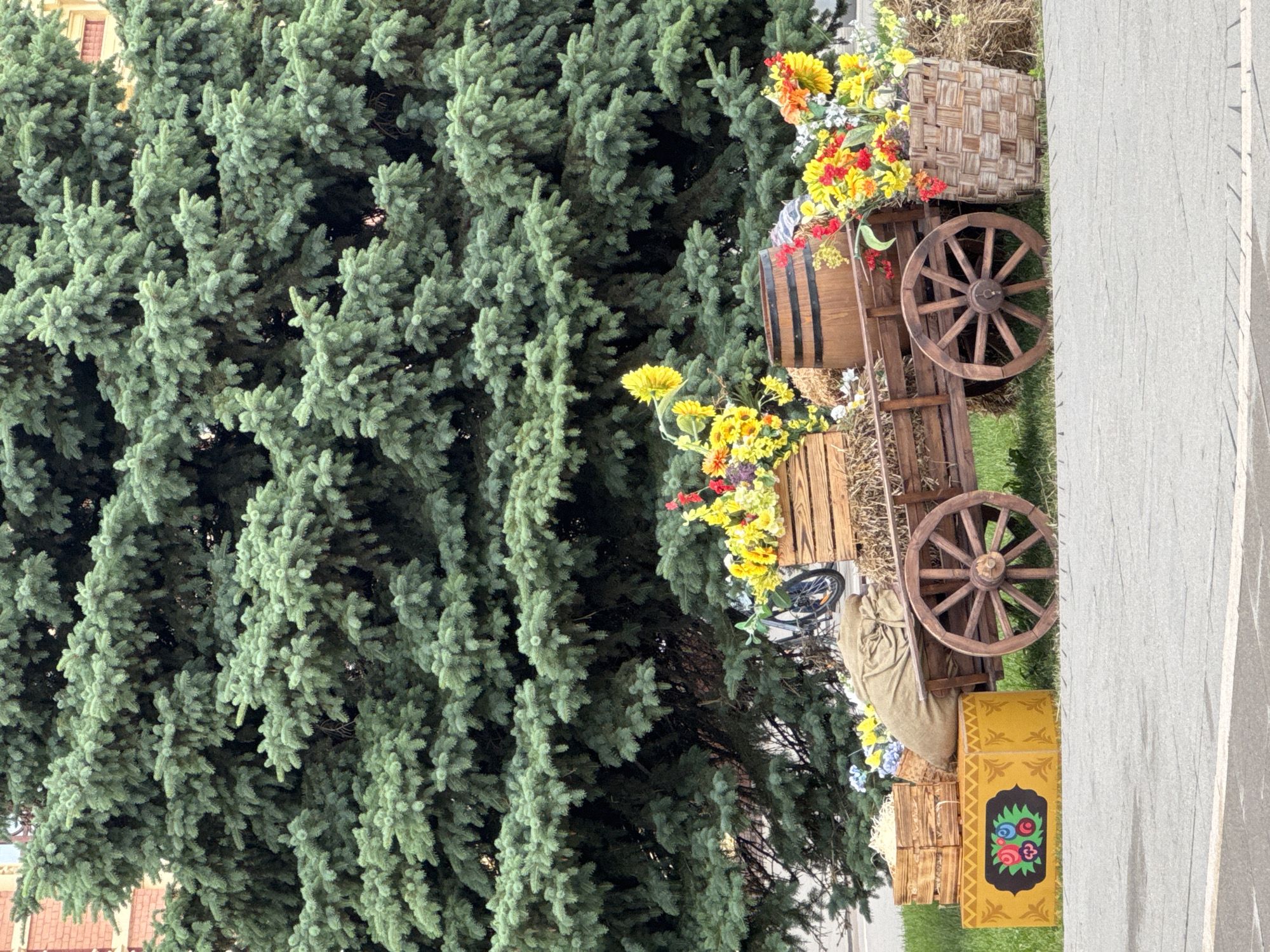 A wooden cart filled with flowers and a sack sits in front of a large evergreen tree in Nizhny Novgorod, Russia. The cart is decorated with a variety of colorful flowers, including yellow sunflowers and red and orange blossoms. A wooden barrel is also present on the cart. To the left of the cart, there is a yellow box with a floral design, and to the right, a woven basket filled with more flowers. In the background, a bicycle is leaning against the evergreen tree. The scene appears to be set up for a festive or decorative purpose, possibly an outdoor market or event.