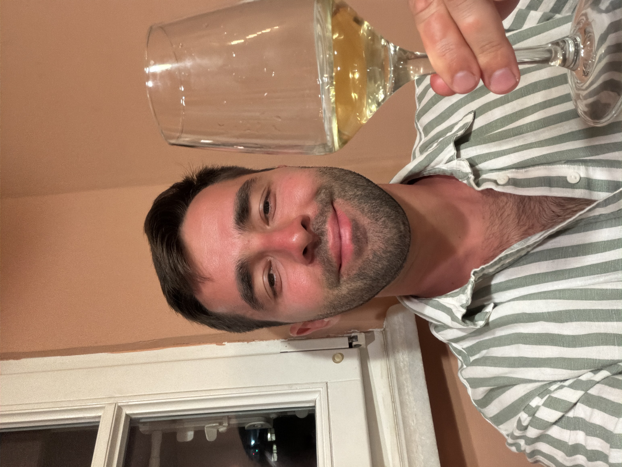 The image displays a male individual, appearing to be in his late 20s or early 30s, smiling faintly. He has short, dark hair and a trimmed beard. His complexion appears flushed. He is wearing a vertically striped button-up shirt with alternating white and light green/sage colors, unbuttoned at the collar to reveal some chest hair. He holds a stemmed wine glass in his right hand, containing a pale yellow liquid, consistent with white wine. The glass shows minor condensation or residue marks.
The setting is indoors against a uniform, muted terracotta-colored wall. To the subject's left, a white-framed window is visible, featuring multiple panes and a white marble or stone windowsill beneath it. A small, circular, light-colored fixture is mounted on the window frame's hardware. The window reflects an outdoor scene, likely at night, displaying several distinct points of artificial light, consistent with a city environment. The location of this scene is in Tel-Aviv, Israel.
