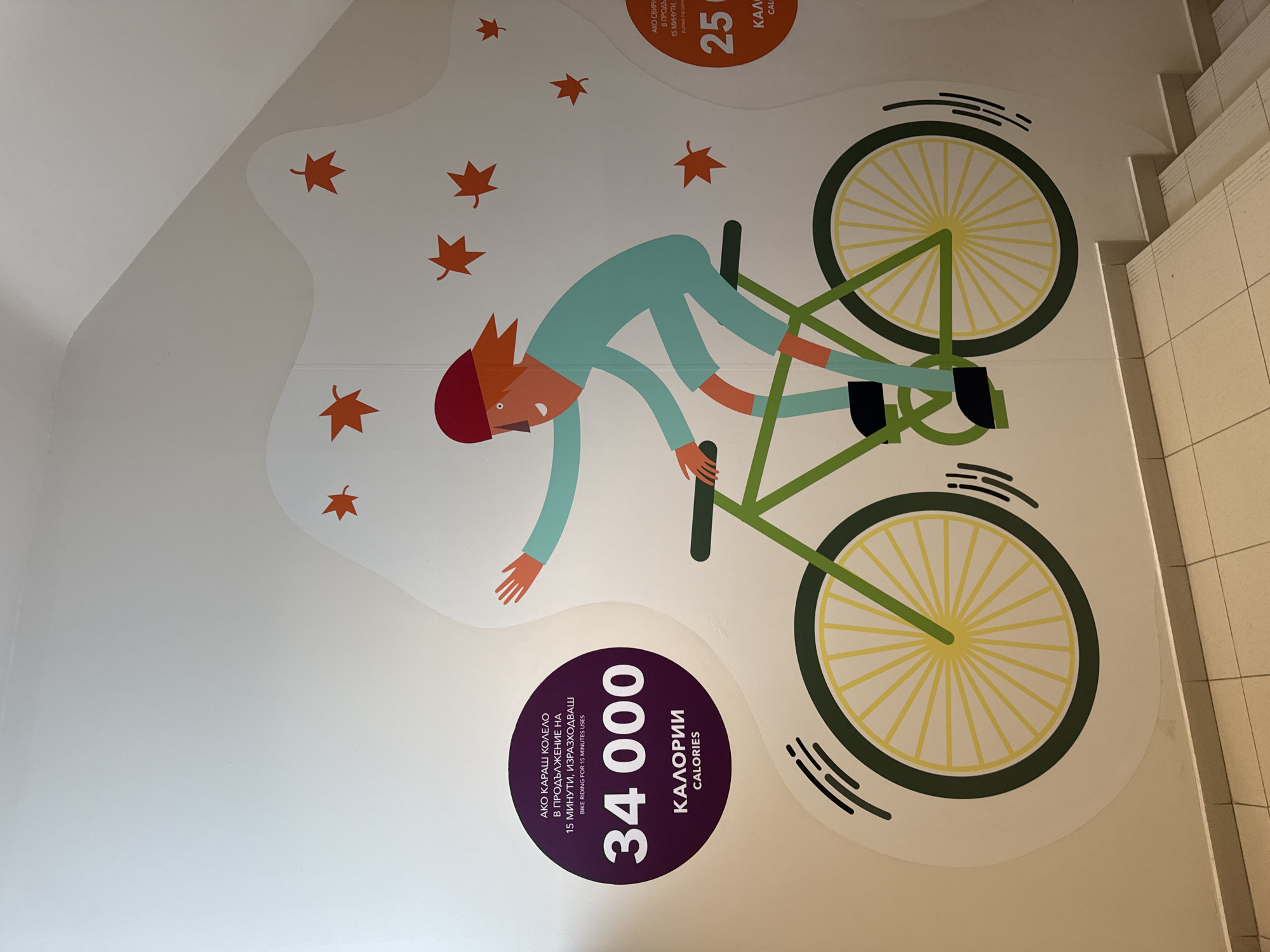 The image is a wall mural depicting a person riding a bicycle next to a staircase. The person has red hair and a red helmet, and is wearing blue clothing. The bicycle is green with yellow wheels. There are brown leaves scattered around the mural. Below the bicycle are the words "34 000 calories". The mural is located in Sofia, Bulgaria.