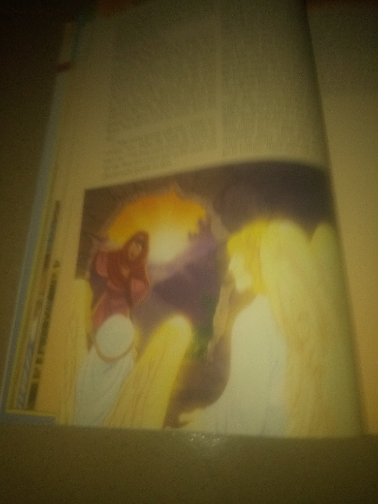 The image is a photograph of an open book. The left page displays text that is mostly illegible due to blurriness. The right page features an illustration with two figures. On the left side of the illustration, a figure with red hair and a red robe is depicted, holding a light-colored object. To the right of this figure, another figure with blond hair and a white robe is shown, with large yellow wings extending behind it. The background of the illustration appears to be a dark cave-like setting with a glowing yellow and orange light source behind the red-robed figure. The overall image is out of focus and has a yellowish tint. The location of Jauro Yinu, Nigeria is not discernible from the image.