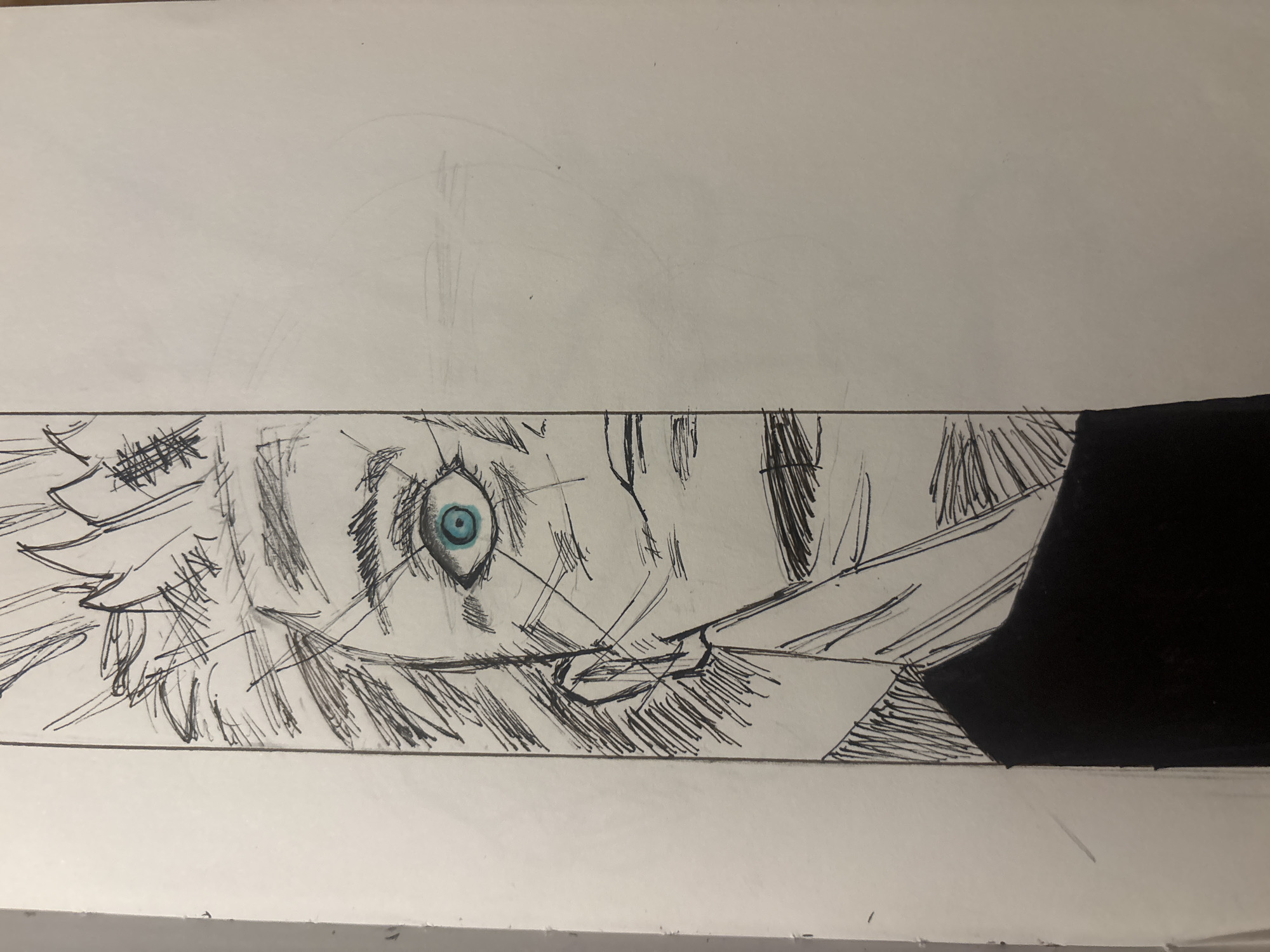 The image shows a close-up, black-and-white drawing of a person's face, enclosed within a rectangular border. The person has spiky hair, and the eye visible is colored light blue. The subject is facing towards the right, with a portion of a dark garment or object appearing on the right side of the frame. Details are rendered with crosshatching. The image is a section of artwork placed on a white surface. There is no identifiable location in Sofia, Bulgaria.