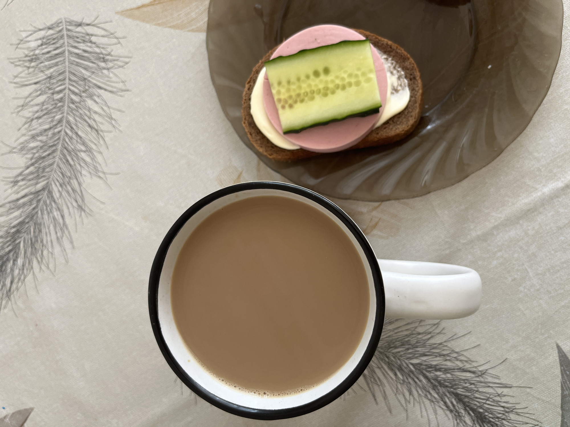 The image presents an overhead view of a simple meal set on a light-colored tablecloth, which features a subtle grey pattern resembling fern leaves.
The main subjects are a sandwich and a mug of beverage. In the upper right quadrant, a translucent, dark brown glass plate holds an open-faced sandwich. The sandwich is made with a slice of dark bread, a spread (likely mayonnaise or butter), a round slice of pinkish sausage, and a rectangular piece of green cucumber placed on top. The cucumber clearly shows its inner seeds.
Centered in the lower part of the frame is a white ceramic mug with a distinct black rim, filled with a light brown liquid, characteristic of coffee or tea with milk. Small bubbles are visible on the surface of the drink, suggesting it was recently poured or stirred.
The scene depicts a quiet, domestic moment, likely a breakfast or a casual snack. There are no people visible, and no specific activities are taking place beyond the arrangement of the food and drink on the table. The lighting is soft and even, suggesting an indoor setting. No text is visible within the image. The overall impression is one of a simple, everyday meal. The location is Chaikovsky, Russia.
