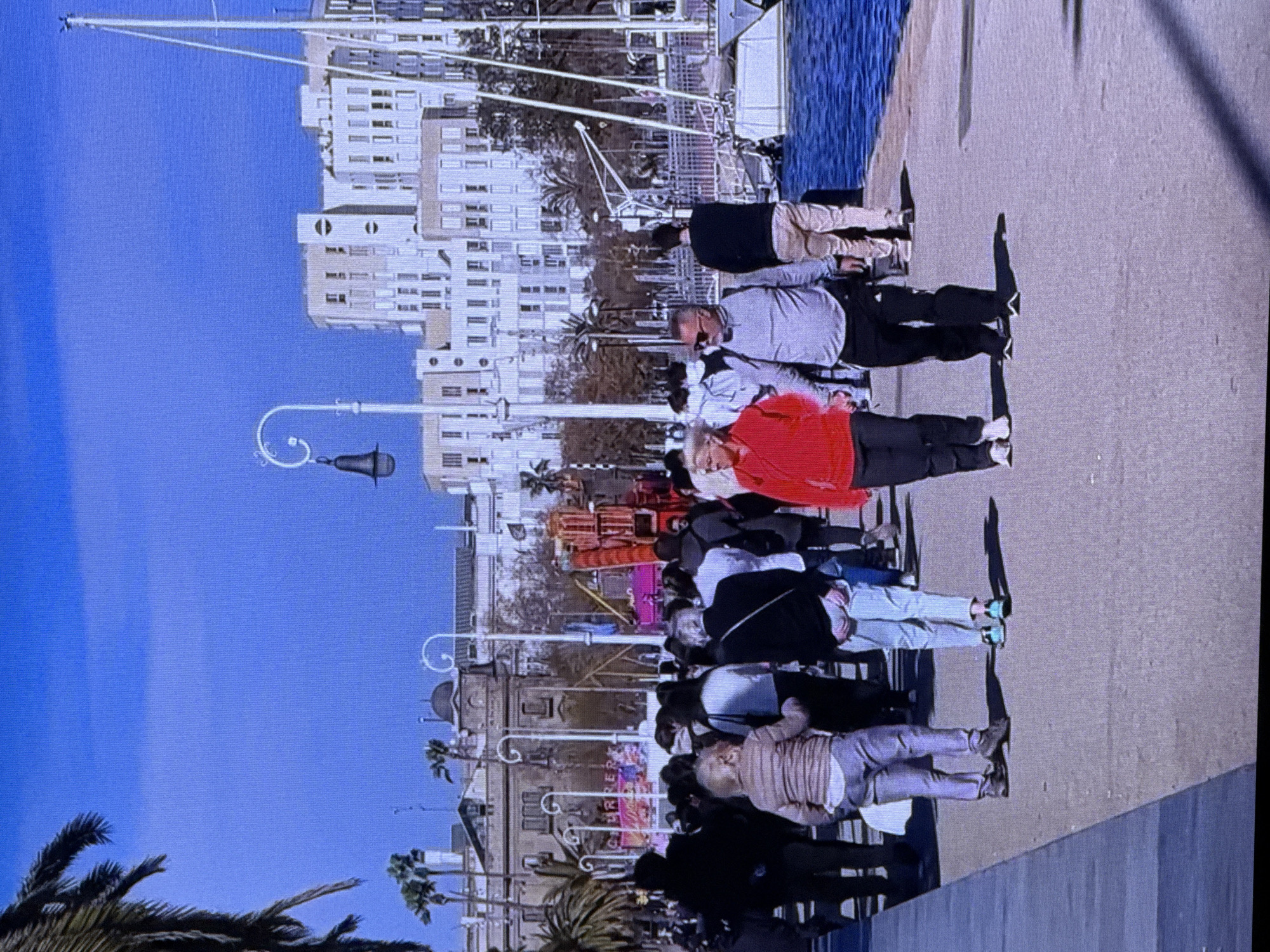The image depicts a group of people walking along a paved waterfront promenade with modern buildings and palm trees in the background. The scene is brightly lit, suggesting it is daytime, and the clear blue sky indicates fair weather. The architectural style of the buildings, with their sleek facades and numerous windows, hints at a contemporary urban environment. The presence of palm trees further suggests a warm climate.
The people appear to be casually dressed and are walking in the same direction, some in pairs or small groups. Their postures and the way they are interacting suggest a relaxed atmosphere, possibly a stroll or outing. The activity is simply walking, and no specific event is clearly identifiable.
Notable details include the shadows cast by the people on the ground, indicating the position of the sun. The water adjacent to the promenade is a deep blue, likely a sea or large body of water. The buildings are multi-story, some appearing to be residential or commercial complexes. There is a streetlamp with a distinctive curved design.
There is some visible text on a sign in the background, which appears to be part of a structure or attraction. The word "CARRER" is partially visible on a red and white sign.
While the location context is provided as Dubai, United Arab Emirates, the visual cues in the image, such as the architecture and palm trees, are consistent with a modern coastal city, and Dubai fits this description. The overall impression is one of a pleasant day out in an urban coastal setting.