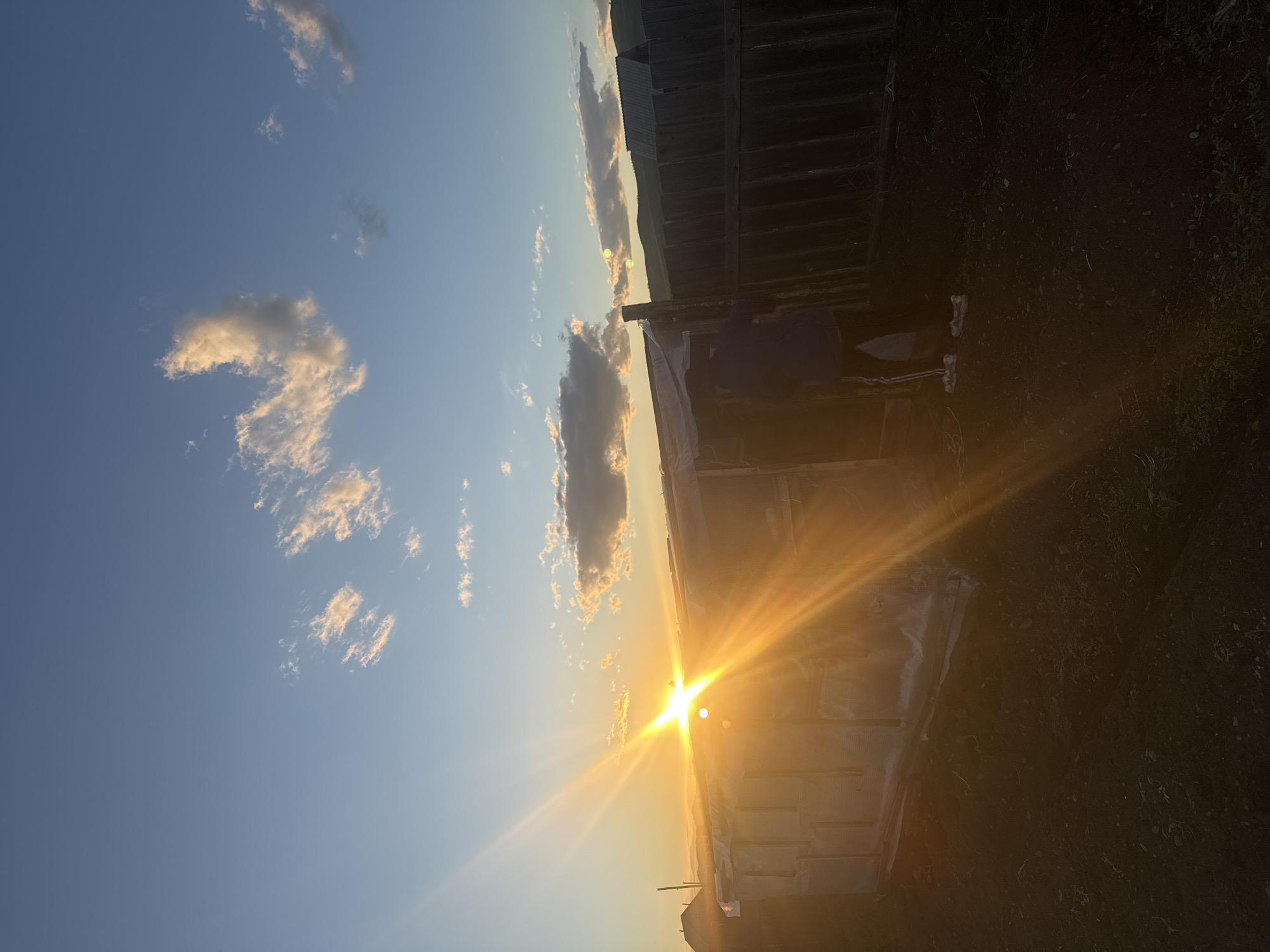 The image depicts a serene sunset scene in a rural or semi-rural setting, identified as Нижний Бургалтай, Russia. The sun is prominently featured, low on the horizon, emitting a bright, golden glow with visible lens flares that stretch across the right side of the frame. The sky is a clear blue, fading to lighter tones near the horizon, and scattered with white and grey clouds, some of which are illuminated by the warm light of the setting sun.
On the right side of the frame, a dark, weathered wooden structure, possibly a fence or part of a building, is visible, partially silhouetted against the bright sky. Below the sun, a lighter-colored structure, resembling a greenhouse or a covered outdoor area, reflects the intense sunlight. The foreground consists of dark, uneven ground, suggesting earth or sparse vegetation.
A person is visible in the lower right quadrant, partially obscured by shadows and the foreground structure. They are wearing dark clothing, including what appears to be a blue top, and white footwear is discernible near their feet. They seem to be observing the sunset or situated within the setting. The overall mood is peaceful and tranquil, emphasizing the natural beauty of the golden hour. There is no visible text in the image.