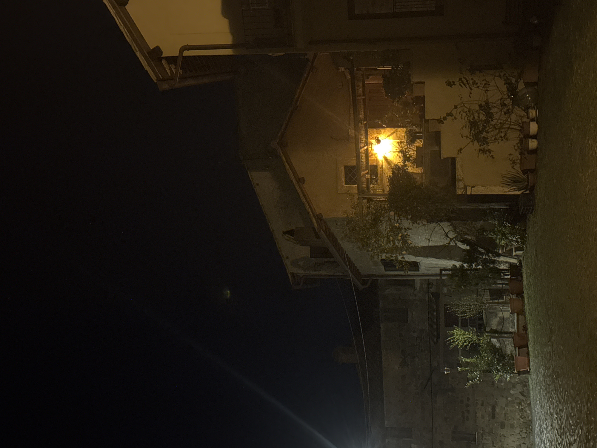 At night, an illuminated street in Castelnuovo di Porto, Italy, shows a two-story stone building lined with potted plants. Above, a taller building with a pointed roof reflects light from a nearby streetlamp. The background is predominantly dark.