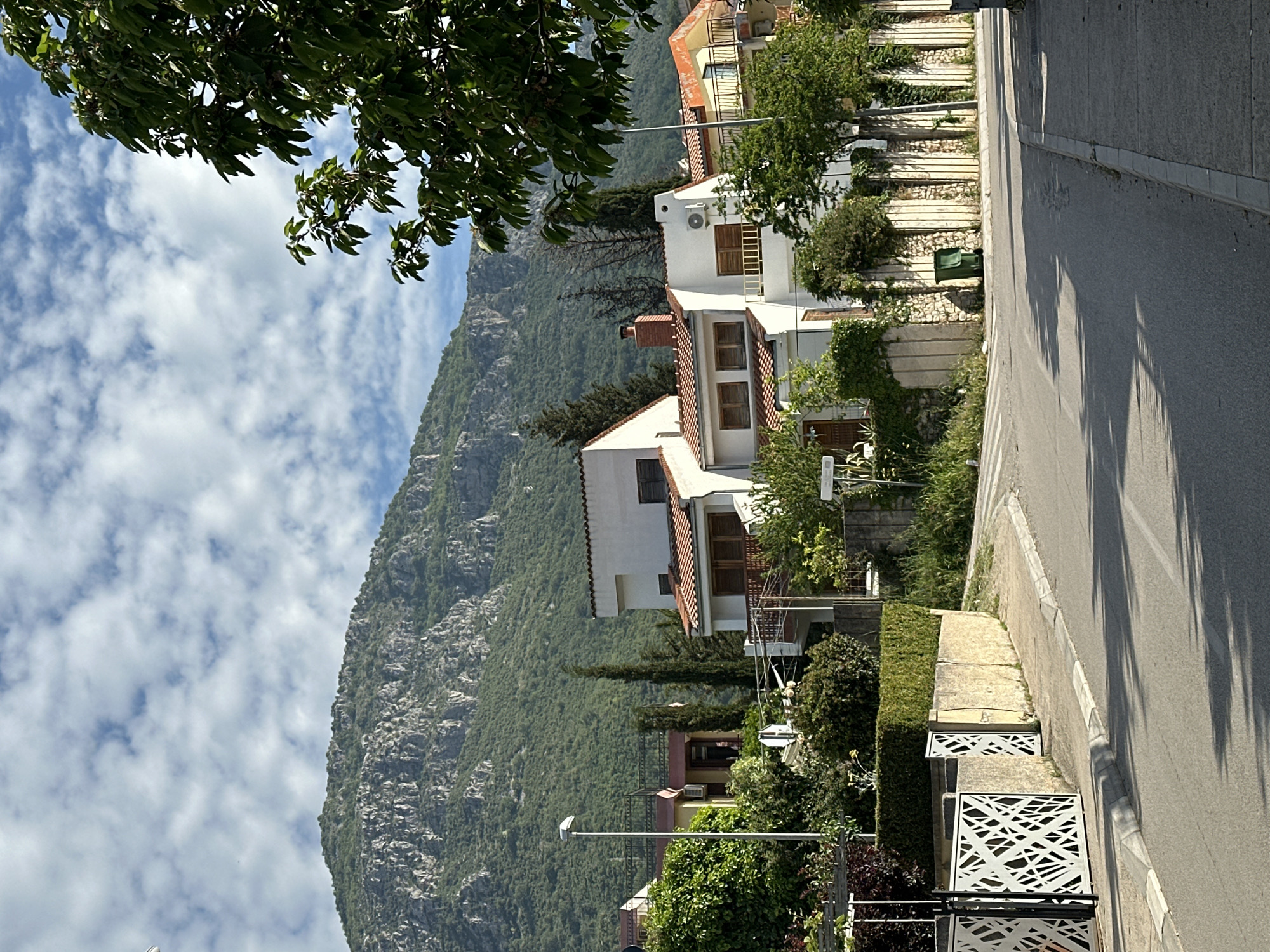 The image shows a street scene in Bar, Montenegro. A paved road runs along the right side of the frame, with shadows cast upon it. A low wall with decorative metal panels borders the road. On the other side of the wall, lush greenery and residential buildings are visible. The houses have white facades and terracotta roofs, characteristic of the Mediterranean style. In the background, a large mountain covered in dense vegetation rises against a sky filled with scattered clouds. The foreground includes tree foliage in the upper left corner.