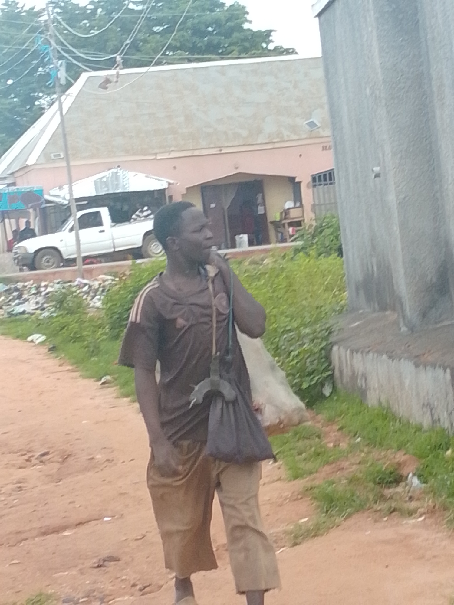 In Gombe, Nigeria, a man walks on a dirt road. He is wearing a dark, short-sleeved shirt with a stripe on the sleeves and light brown pants. He carries a dark bag slung over his right shoulder, and a net bag, also slung over his shoulder, appears to contain something, possibly a rodent. The man is looking to his right and appears to be walking towards the foreground. Behind him, a white pickup truck is parked next to a building with a light-colored, sloped roof. Further in the background, trees are visible. To the right of the man is a tall, gray, corrugated metal structure, possibly a wall or building. The ground is covered in dirt and some patches of green grass and scattered debris.