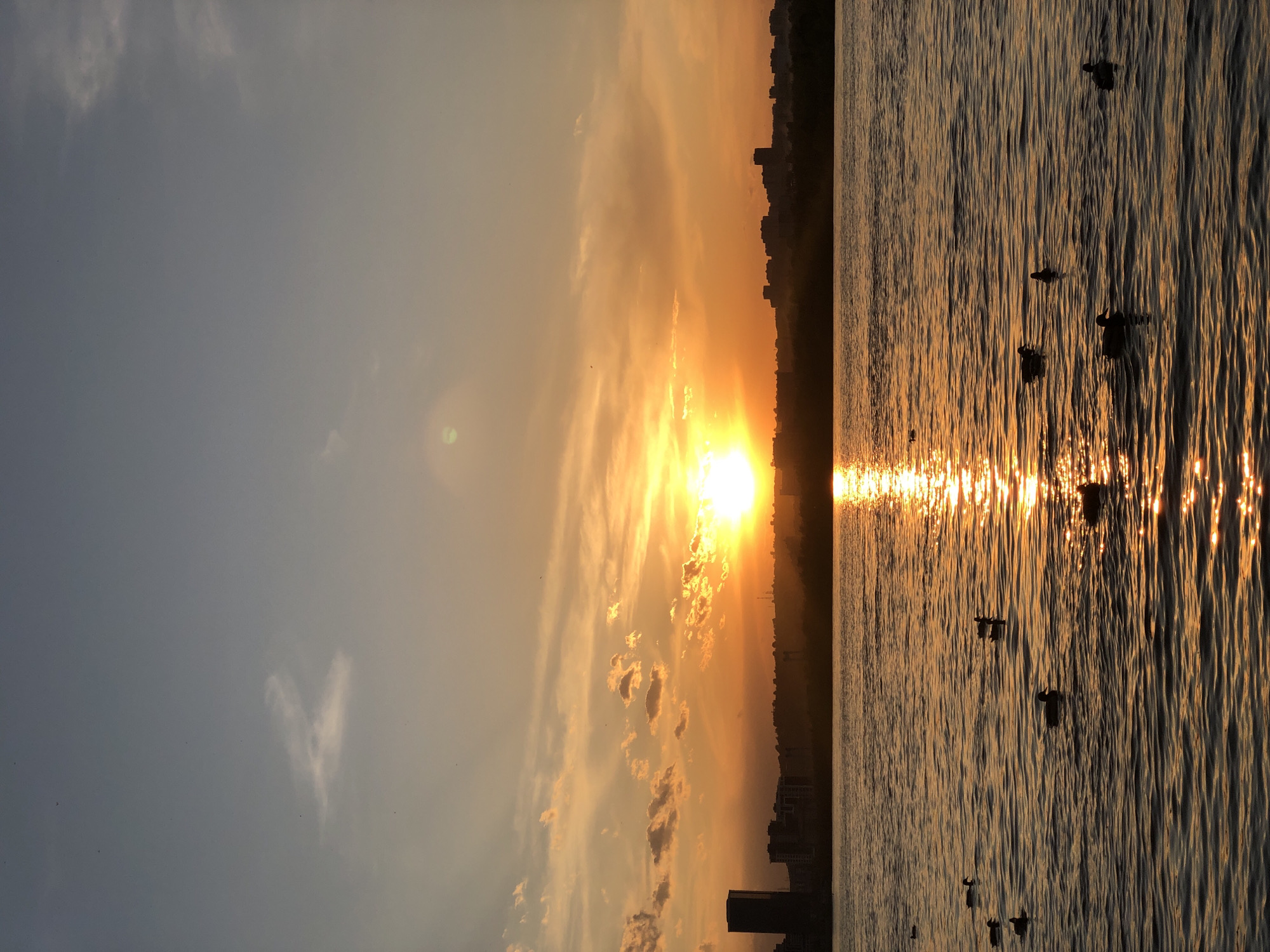 The image shows a sunset over the Yenisei River in Krasnoyarsk, Russia. The sun is low on the horizon, casting a golden glow across the sky and water. Silhouetted buildings and trees line the opposite bank of the river. Several birds are visible on the water's surface. The sky is a mix of blue and orange hues, with scattered clouds. The water reflects the sunlight.