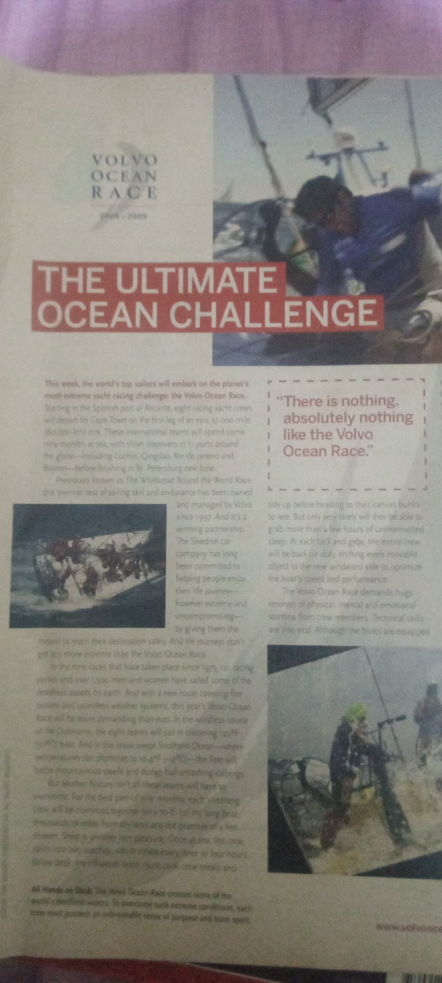 This image is a scanned page from a magazine or newspaper, likely advertising or reporting on the Volvo Ocean Race. The foreground features large, bold text that reads "THE ULTIMATE OCEAN CHALLENGE." Above this, the "VOLVO OCEAN RACE 2008-2009" logo is visible. The background shows two photographs. The left photo depicts a sailing race with multiple boats in rough water. The right photo shows several individuals on a sailboat, appearing to be in cold, snowy conditions, with one person leaning over the side. The text discusses the Volvo Ocean Race, its history, the challenges faced by participants, and the demanding nature of the event. There is no information or visual element in the image that relates to Jalingo, Nigeria.