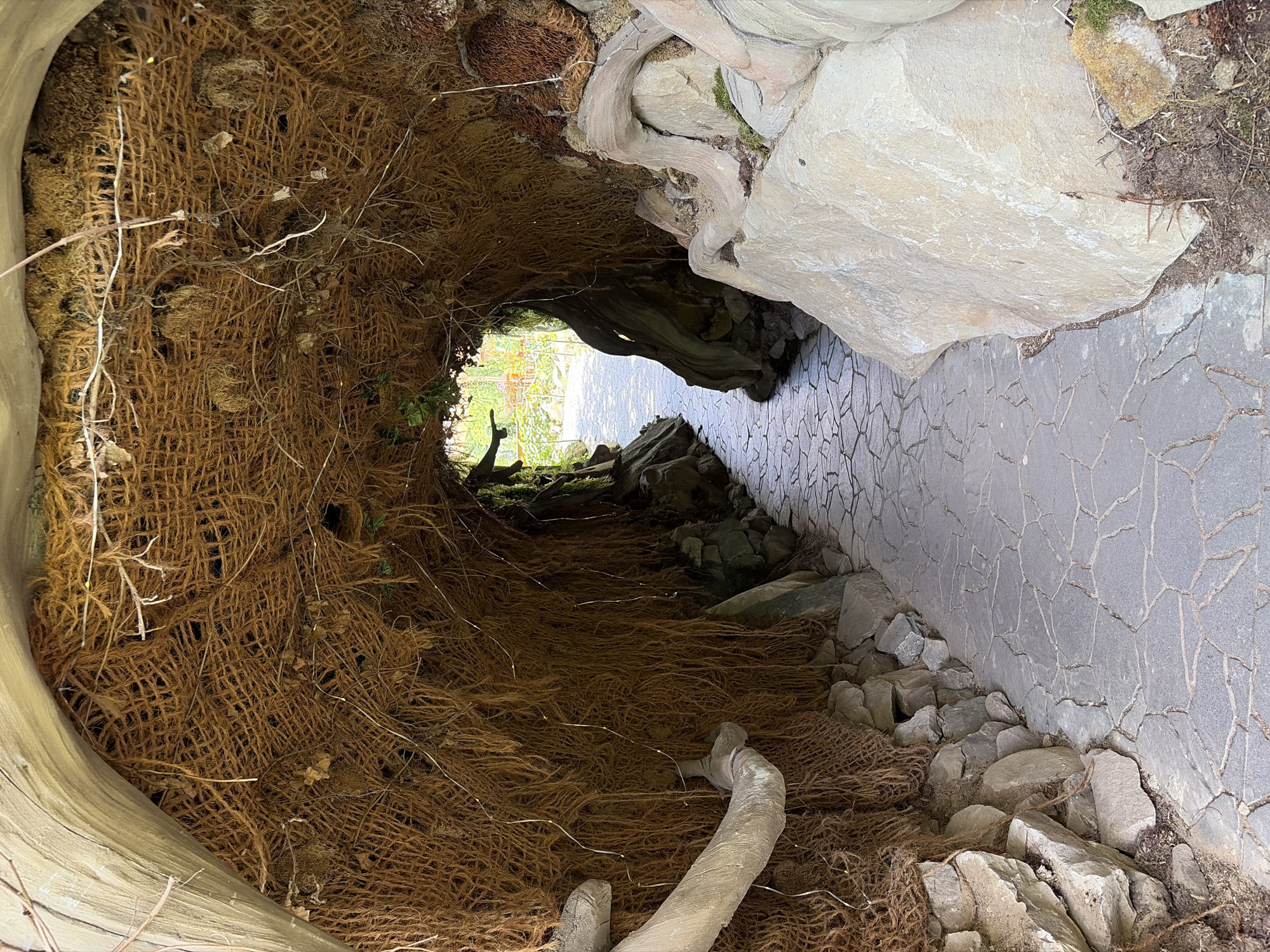 This image shows a rustic pathway lined with rocks and a wall constructed from irregular stone tiles. The pathway appears to lead into a naturalistic tunnel formed by what looks like the hollowed-out trunk of a large tree, interwoven with brown, fibrous material, possibly coconut coir netting. Sparse, thin white wires with tiny lights are visible throughout the fibrous material and extending into the tunnel, suggesting decorative or ambient lighting. Inside the tunnel, the ground is covered with similar fibrous material and some exposed tree roots. A large, light-colored rock is prominent on the right side of the image, near the entrance to the tunnel. The scene is outdoors, with natural light filtering into the tunnel, hinting at daytime. The overall impression is one of a whimsical or artistic installation, likely in a garden or park setting. There is no visible text in the image.