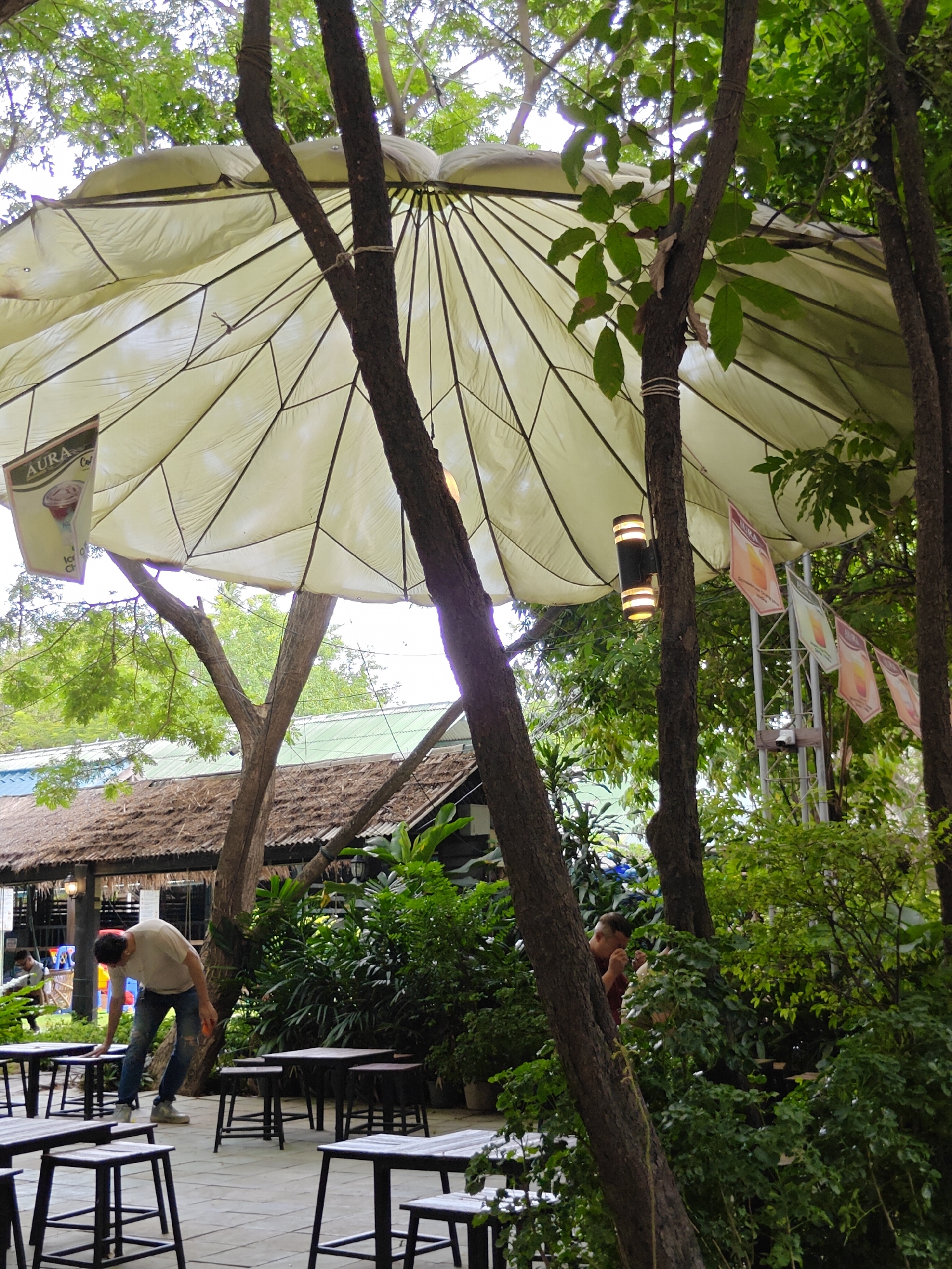The image depicts an outdoor seating area with tables and stools arranged on a paved ground, possibly at a cafe or restaurant. A large, off-white fabric canopy is suspended overhead, supported by trees and poles, providing shade. The canopy has a geometric panel design. Various trees and lush green foliage surround the seating area, suggesting a tropical or garden setting. In the background, a building with a thatched roof and another structure with a green corrugated roof are visible. Several flags or banners are hung from poles, displaying colorful drink advertisements. Two men are present in the scene. One man, wearing a light-colored t-shirt and jeans, is bending down near a table, appearing to be cleaning or adjusting something. Another man, wearing a red shirt, is partially obscured by foliage in the background. The scene appears to be situated in Pattaya City, Thailand, given the environmental cues and architectural styles.