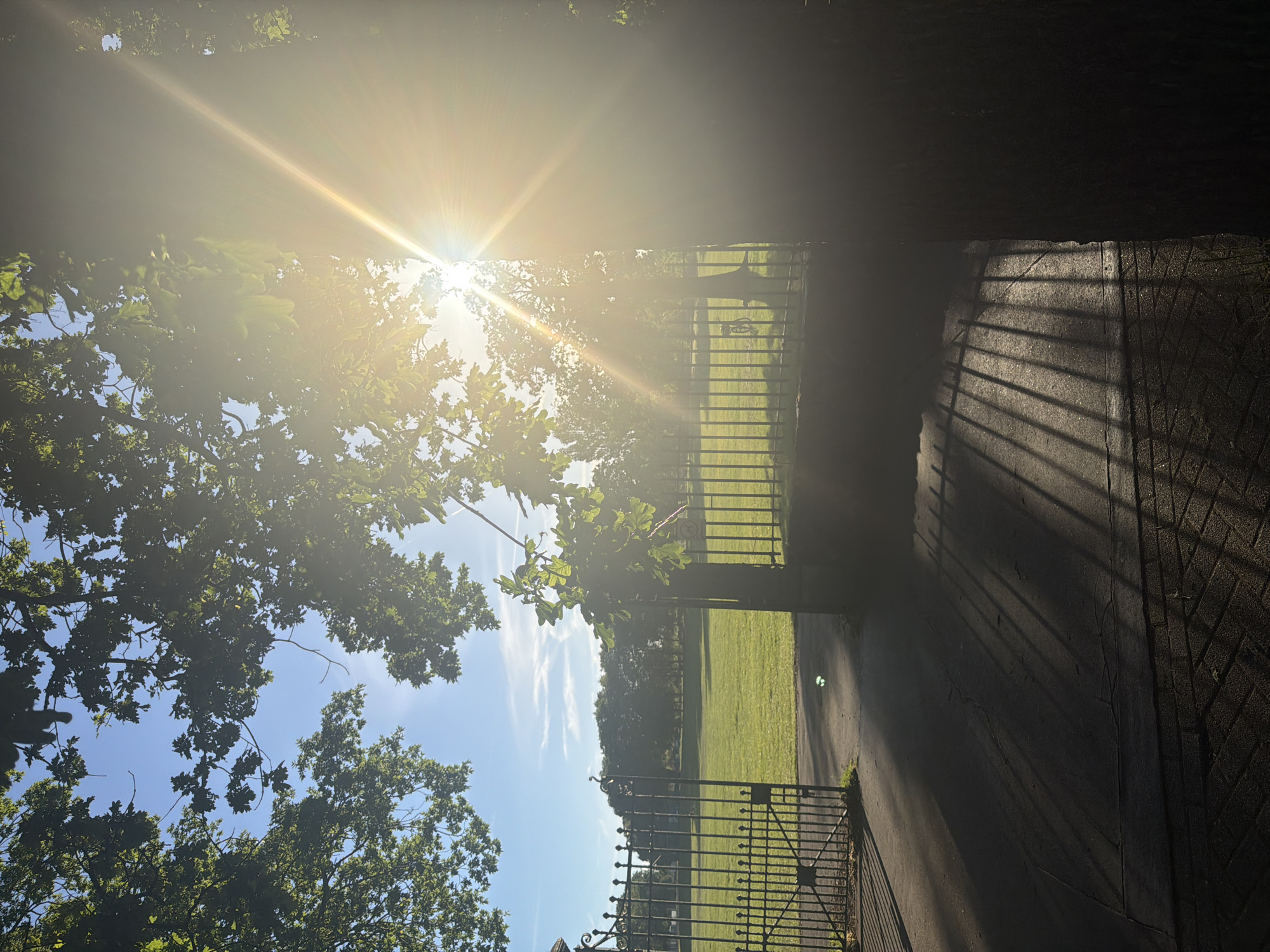 The image depicts a sunlit scene viewed through a gated opening. The sun is obscured by tree foliage in the top left, casting a strong glare. A green field is visible through the gate. The right side of the image is in deep shadow, with the shadow of the gate cast on the paved area. The location is likely a park in London, United Kingdom, given the green space and the style of the gate. There are no people present in the image.