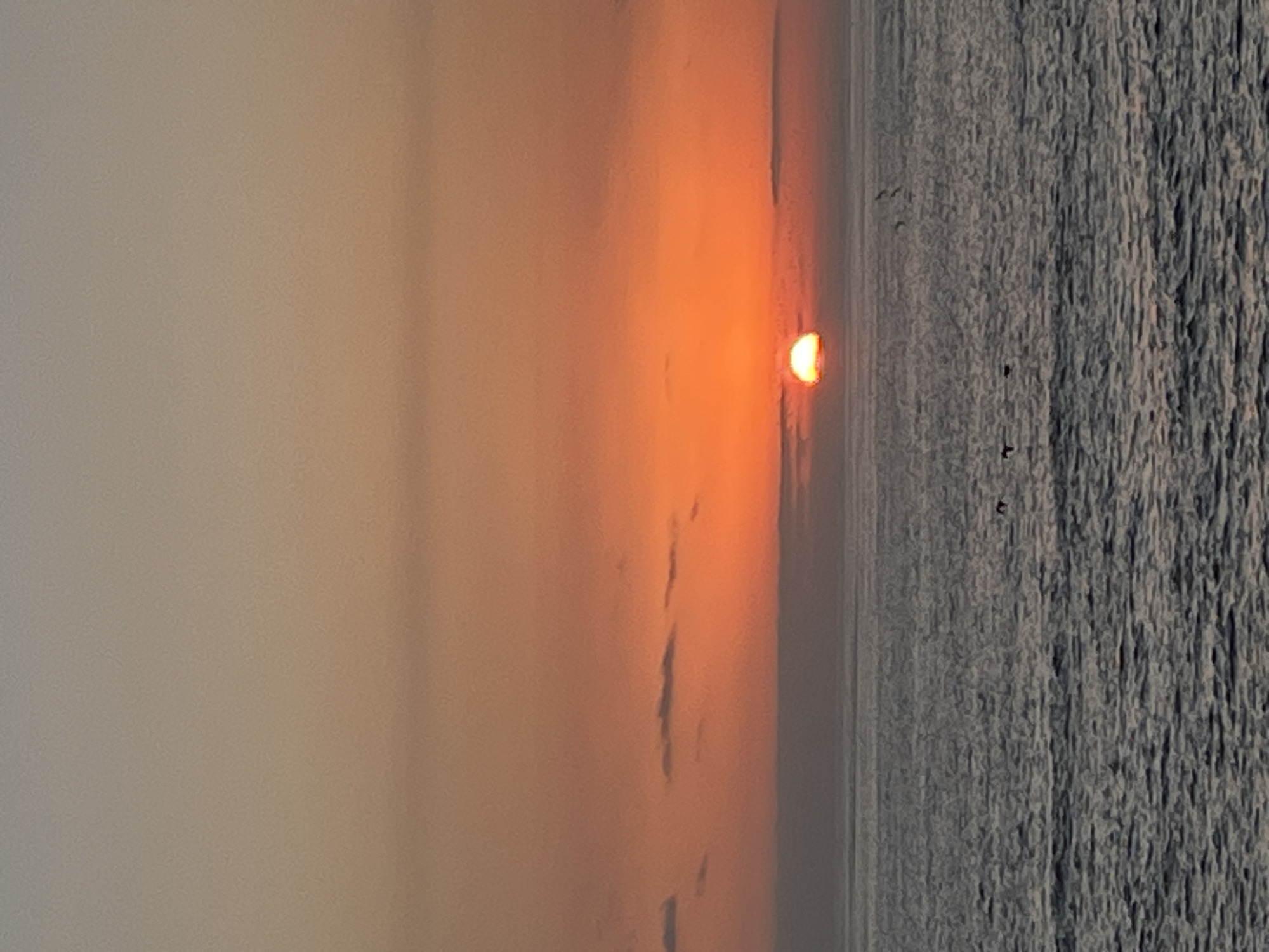 The image depicts a sunset over the ocean, likely taken in Arica, Chile. The sun is partially visible as an orange crescent above the horizon, obscured by orange-tinted clouds. The sea occupies the right side of the frame, appearing rough with white-capped waves. Some birds are visible flying above the ocean. The sky and clouds occupy the majority of the left side of the image, fading from orange near the horizon to a light gray higher up.