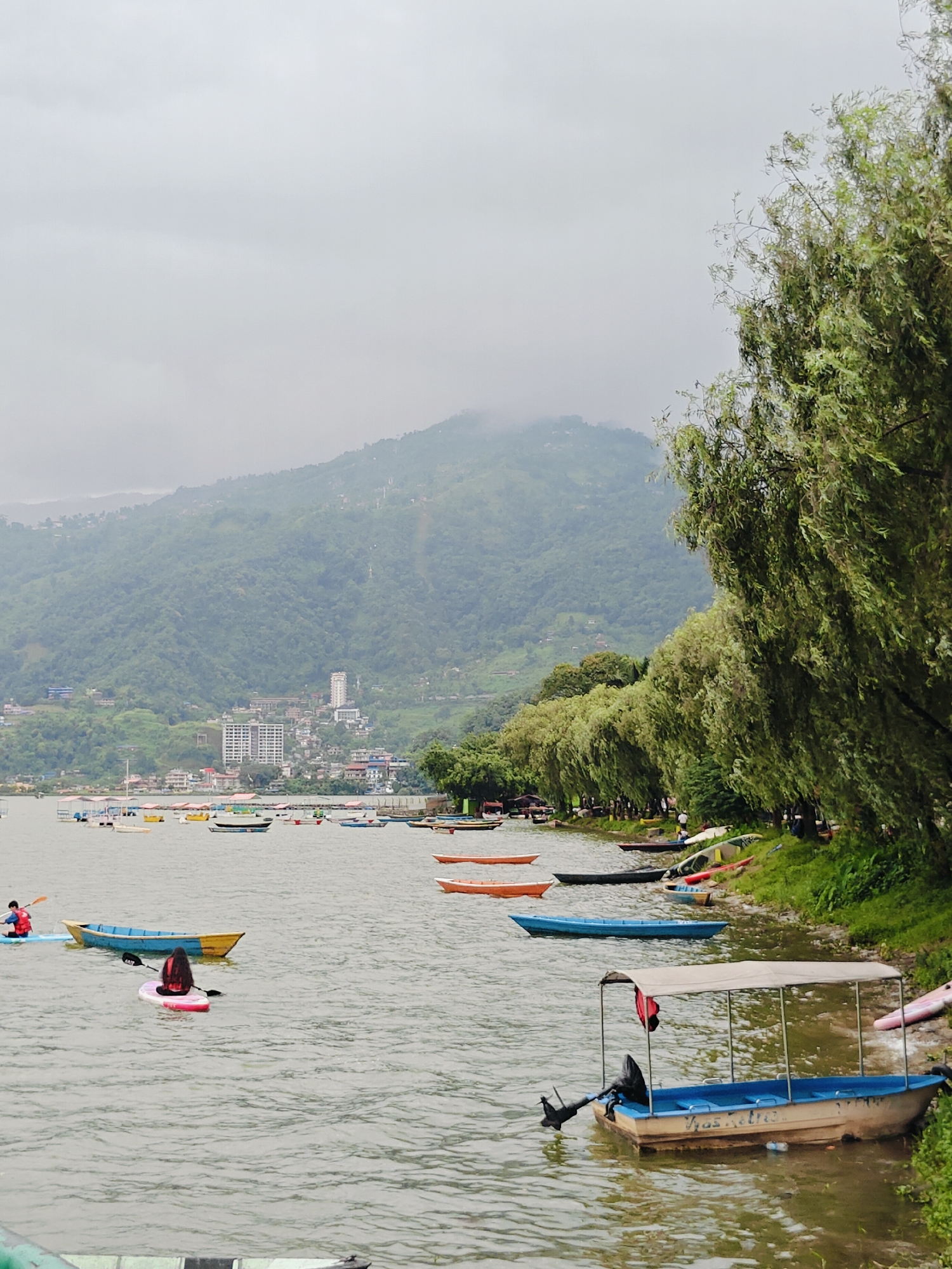 The image depicts a scenic view of Phewa Lake in Pokhara, Nepal, on a cloudy day. In the foreground, several boats are visible on the water, including a motorboat with a canopy, two paddleboards with individuals on them, and various rowboats. In the mid-ground, a line of trees with green foliage borders the lake, and beyond that, the cityscape of Pokhara is spread across the lower slopes of a verdant, mist-shrouded mountain. The atmosphere is serene, with the water reflecting the overcast sky.