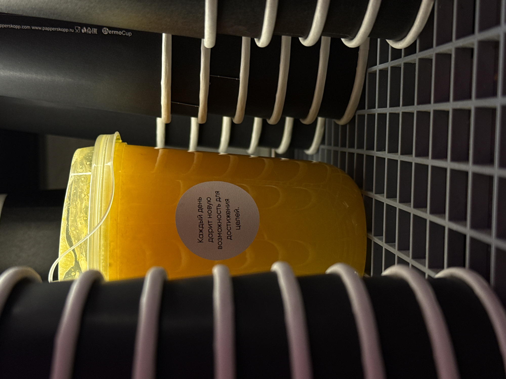 The image depicts a close-up view of a yellow beverage in a clear plastic cup with a yellow lid, positioned on a gray grid shelf. A circular sticker with Russian text is adhered to the cup. The text on the sticker reads "Каждый день дарит новую возможность для достижения целей." (Every day brings a new opportunity to achieve goals). Surrounding the cup are stacks of black disposable paper cups with white rims. The background is dark and out of focus. The scene appears to be in a storage or retail environment, possibly within a cafe or shop. The image's metadata indicates it was taken in Dolgoprudny, Russia.
