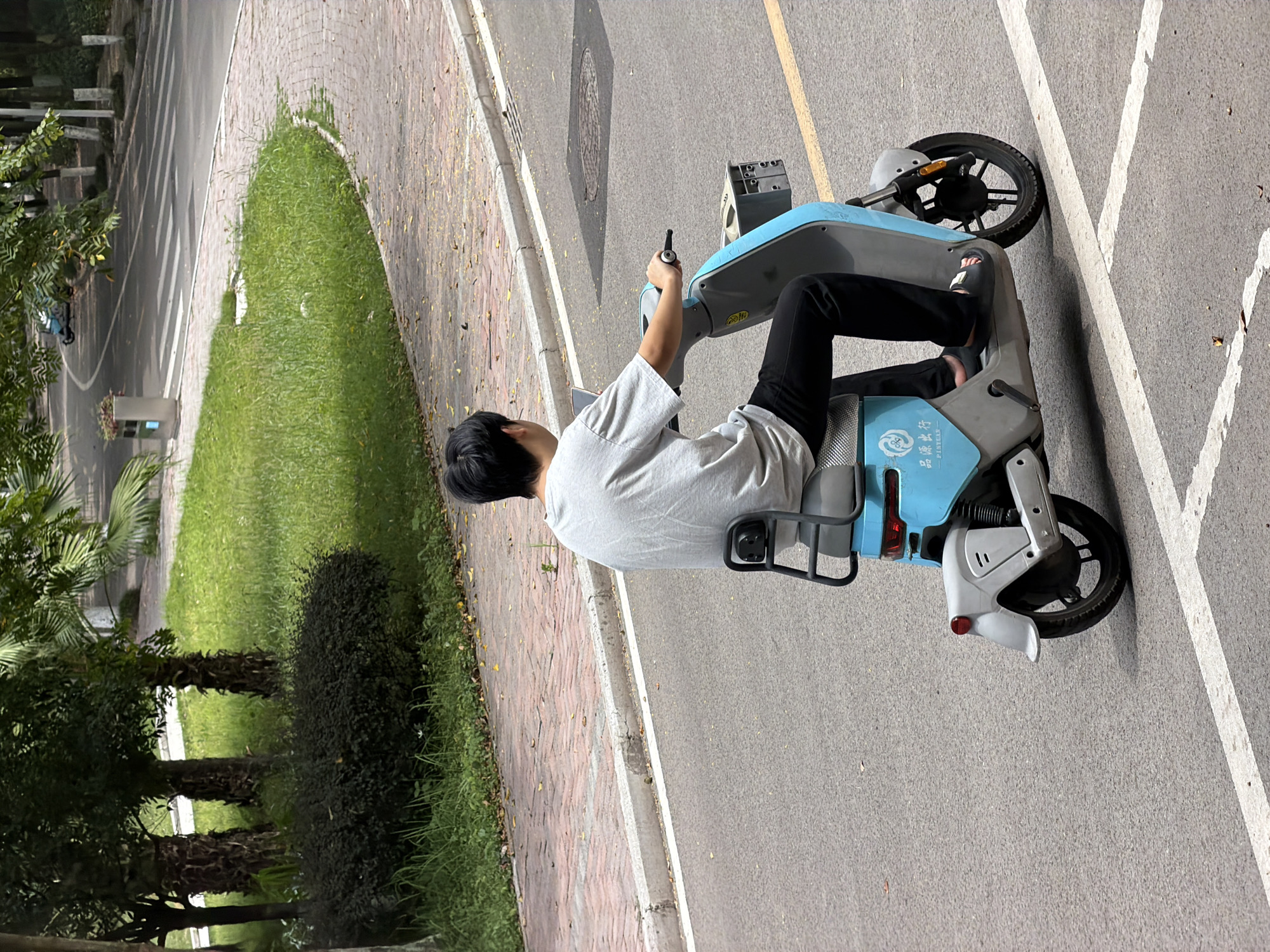 A young Asian male wearing a light gray t-shirt and black pants rides a blue and gray electric scooter on an asphalt road in Jiangjin, China. He is facing away from the camera and holding a mobile phone in his left hand. The scooter has a basket on the front and a blue logo with Chinese characters on the side. The road has white lane markings and a yellow line. To the left of the road, there is a paved walkway with a brick pattern, a grassy area, and several trees. In the background, there is a curved road with a pedestrian crossing and a small blue vehicle. The scene appears to be a park or a university campus.