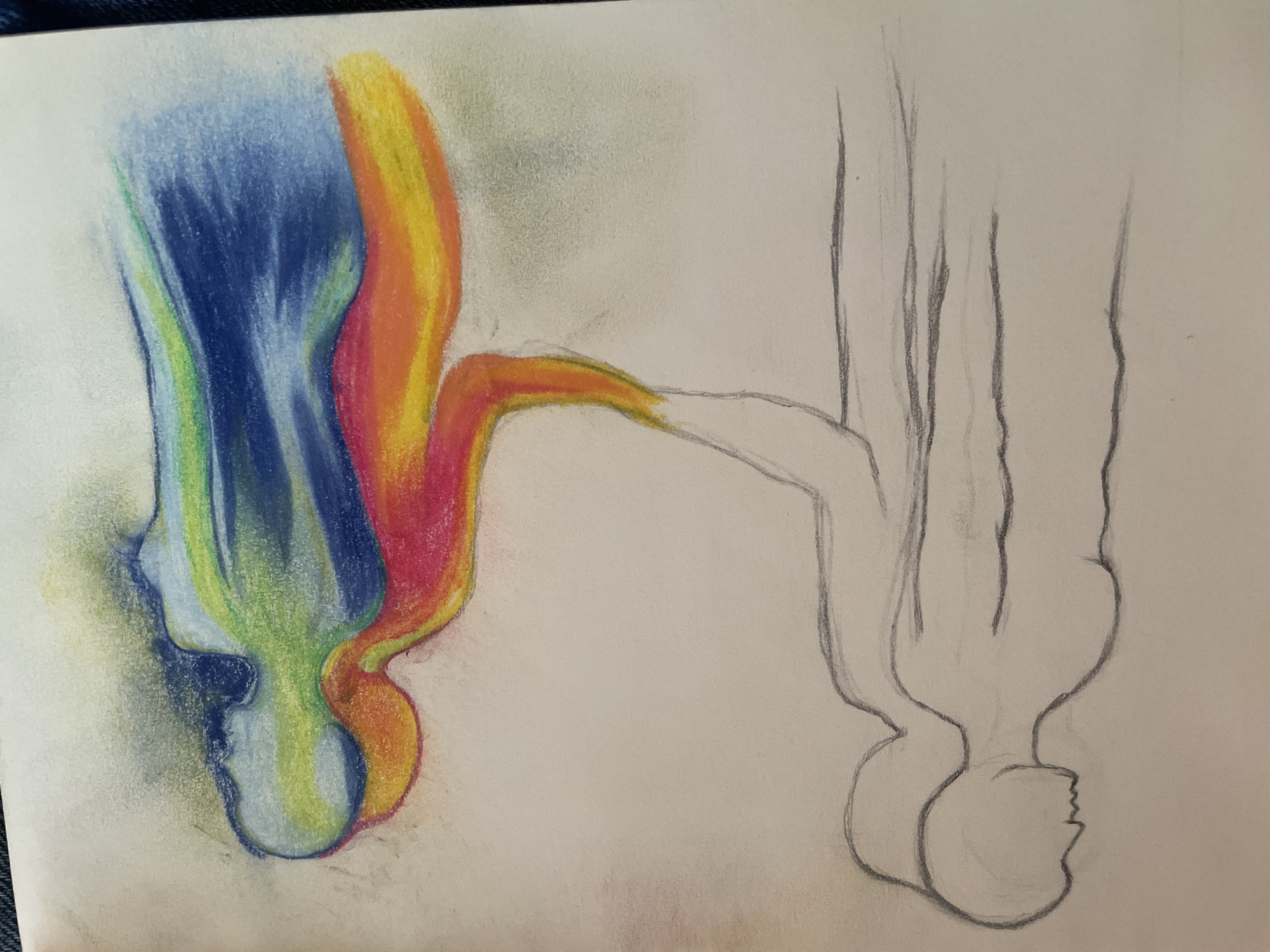 A drawing on paper depicts two figures. On the left, a figure is colored in shades of blue, green, yellow, orange, and red. The colors blend and fade into the background. On the right, a figure is outlined in pencil. The figures appear to be connected by a single line or shape. Both figures are oriented upside down. The location of Debelt, Bulgaria, is not visible in the image.