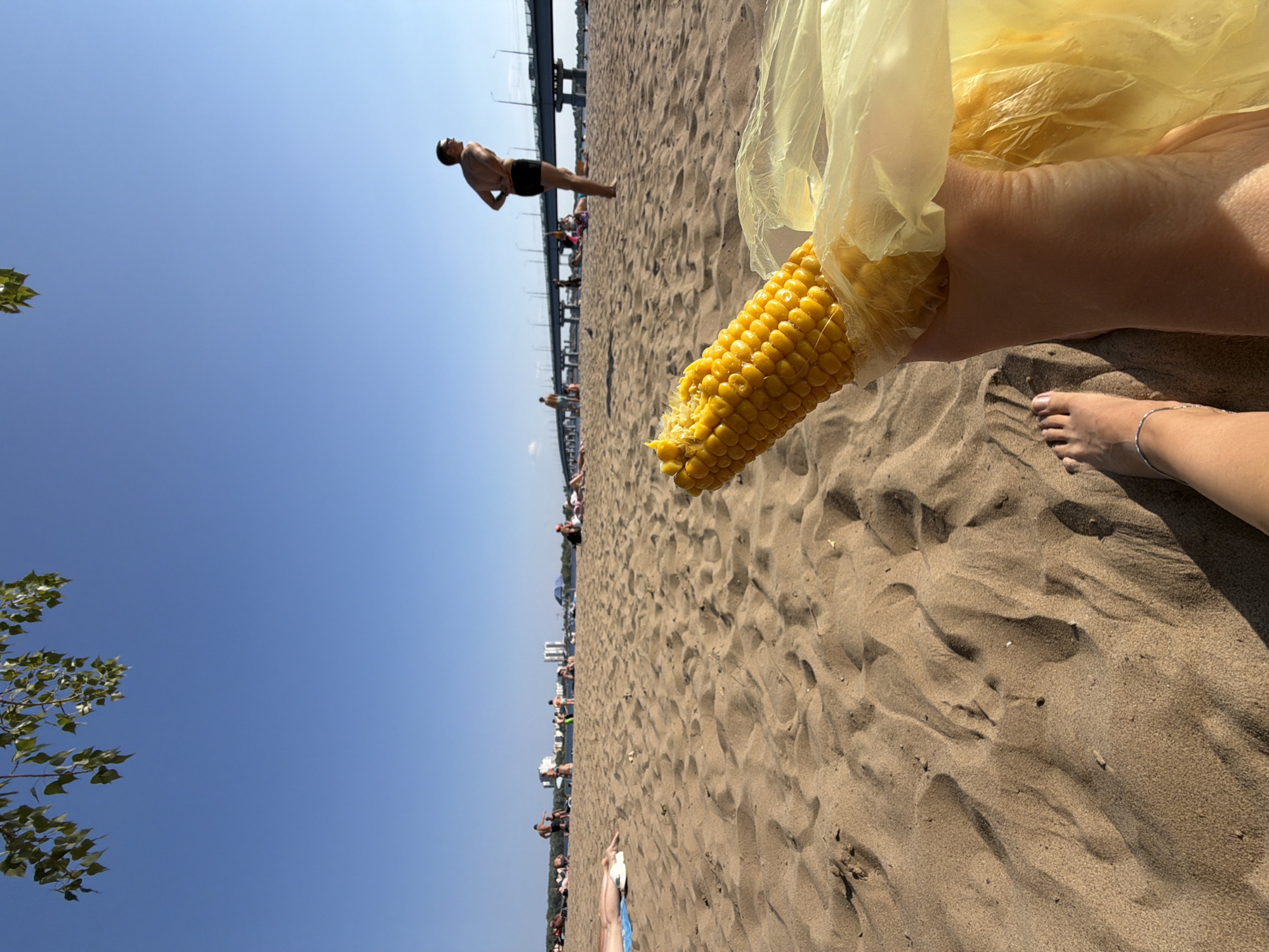 The image depicts a sunny day at a sandy beach, likely in the city of Engels, Russia, given the presence of the Saratov-Engels bridge in the background. In the foreground, a person's legs and feet are visible, with one foot adorned with a silver anklet. A partially eaten ear of corn is held by the person, wrapped in a yellow plastic bag. In the mid-ground, other beachgoers are scattered across the sand, some sunbathing, others standing or walking. A man in black swimming trunks stands in the mid-ground, facing away from the camera. The background shows a clear blue sky, the aforementioned bridge spanning a body of water, and buildings in the distance. Lush green leaves from a tree hang from the top left corner of the frame.
