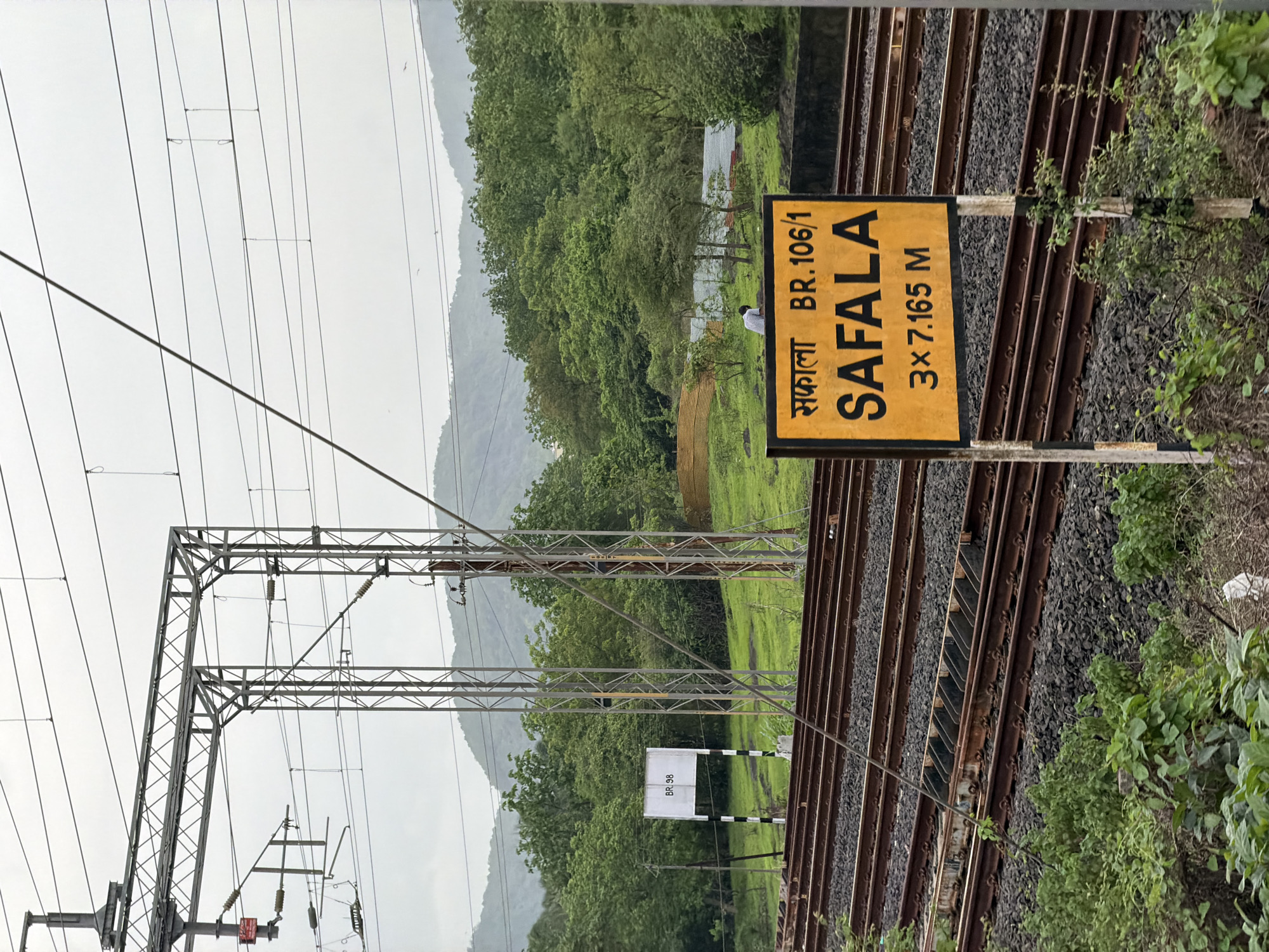 This is a medium shot of a train station sign in Saphale, India, on a cloudy day. The sign, which is yellow with black lettering, reads "Safala BR.106/1" and "SAFALA 3x7.165 M". It is mounted on a pole with black and white stripes. In the background, there are train tracks, overhead electrical wires, and lush green trees on a hillside. A few birds are visible in the sky. The scene appears to be at an outdoor railway station.