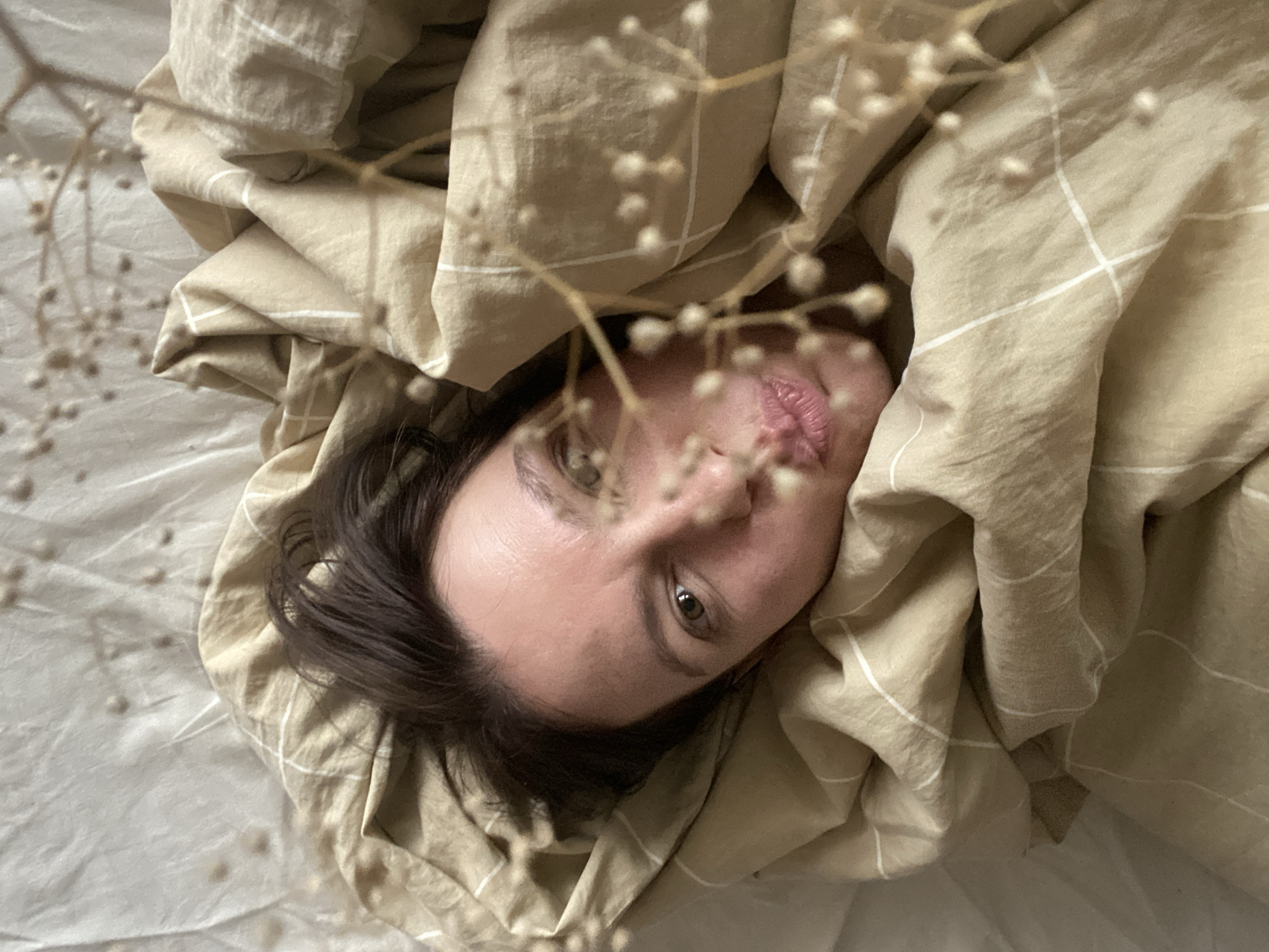 A woman with fair skin and brown hair is lying on a bed with a beige plaid blanket pulled up around her face. Her eyes are open and she is looking at the camera. There is a sprig of small white flowers in the foreground, partially obscuring her face. The bed linens are a wrinkled white.
The location is inferred based on the prompt request.
