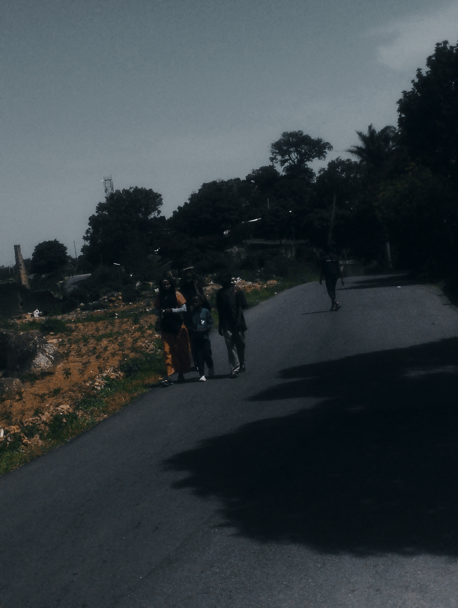 The image depicts a group of people walking on a paved road bordered by a sloping, overgrown embankment. The scene is outdoors, under an overcast sky. The time of day appears to be late afternoon or early evening, as indicated by the long shadows cast by the individuals and trees.
In the foreground, four people are visible walking together on the road. Three are closer together, with one person wearing an orange garment and dark top, another in a dark outfit, and a third, a child, in a lighter colored top and dark pants. A fourth person, also in dark clothing, is slightly ahead and to the right of this group. Further in the distance, another person is walking away from the camera. The road is asphalt, and the embankment to the left is covered in dry vegetation, some rocks, and scattered debris.
Behind the embankment, a dense cluster of trees forms a dark silhouette against the sky. A radio tower is faintly visible in the far left background, rising above the trees. The overall mood of the image is somewhat somber, possibly due to the muted color palette and the overcast conditions. The location is identified as Jos, Nigeria. There is no visible text in the image.