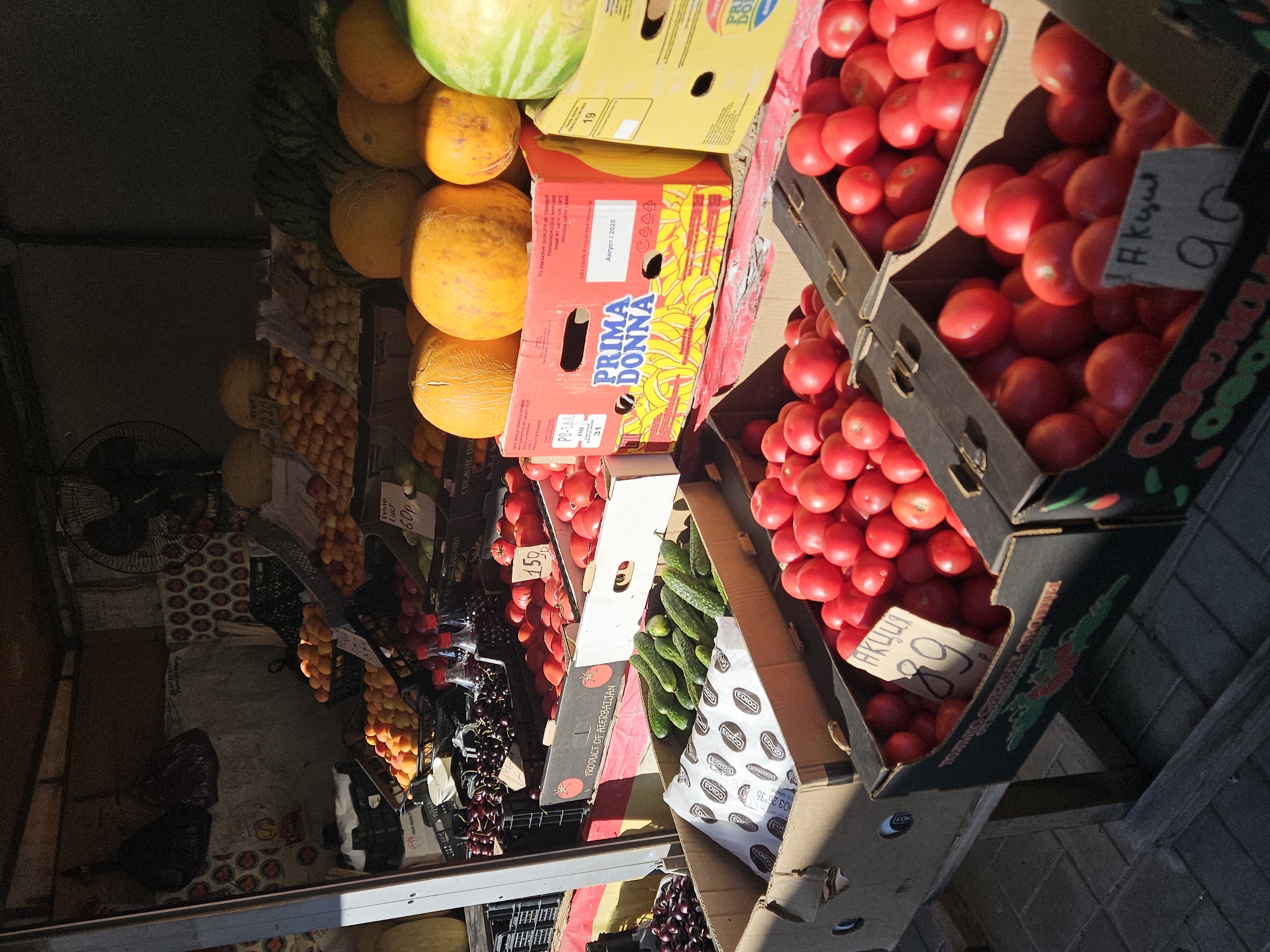 The image depicts an outdoor fruit and vegetable stall, likely located in the city of Ulyanovsk, Russia, given the Cyrillic text visible on some of the signage. The stall is filled with a variety of fresh produce displayed in cardboard boxes and crates. Prominently featured are large quantities of red tomatoes in several boxes, some with handwritten price tags indicating "AKUII 89" and "AKUII 90". Cucumbers are neatly arranged in a cardboard box, alongside a white paper bag with a circular pattern. Cherries are visible in two separate containers, one appearing to be a black crate.
Further back, there are several crates of apricots, some of which have price tags. Melons, including cantaloupes and what appear to be honeydew melons, are stacked in the background, along with watermelons. A red cardboard box with "PRIMA DONNA" branding and a yellow box with the number "19" are also visible among the produce. The stall is covered by an awning, and sunlight casts shadows across the scene, suggesting it is daytime. In the background, a large industrial fan is mounted on the wall. The ground appears to be paved with grey tiles. There are no people clearly visible in the image.