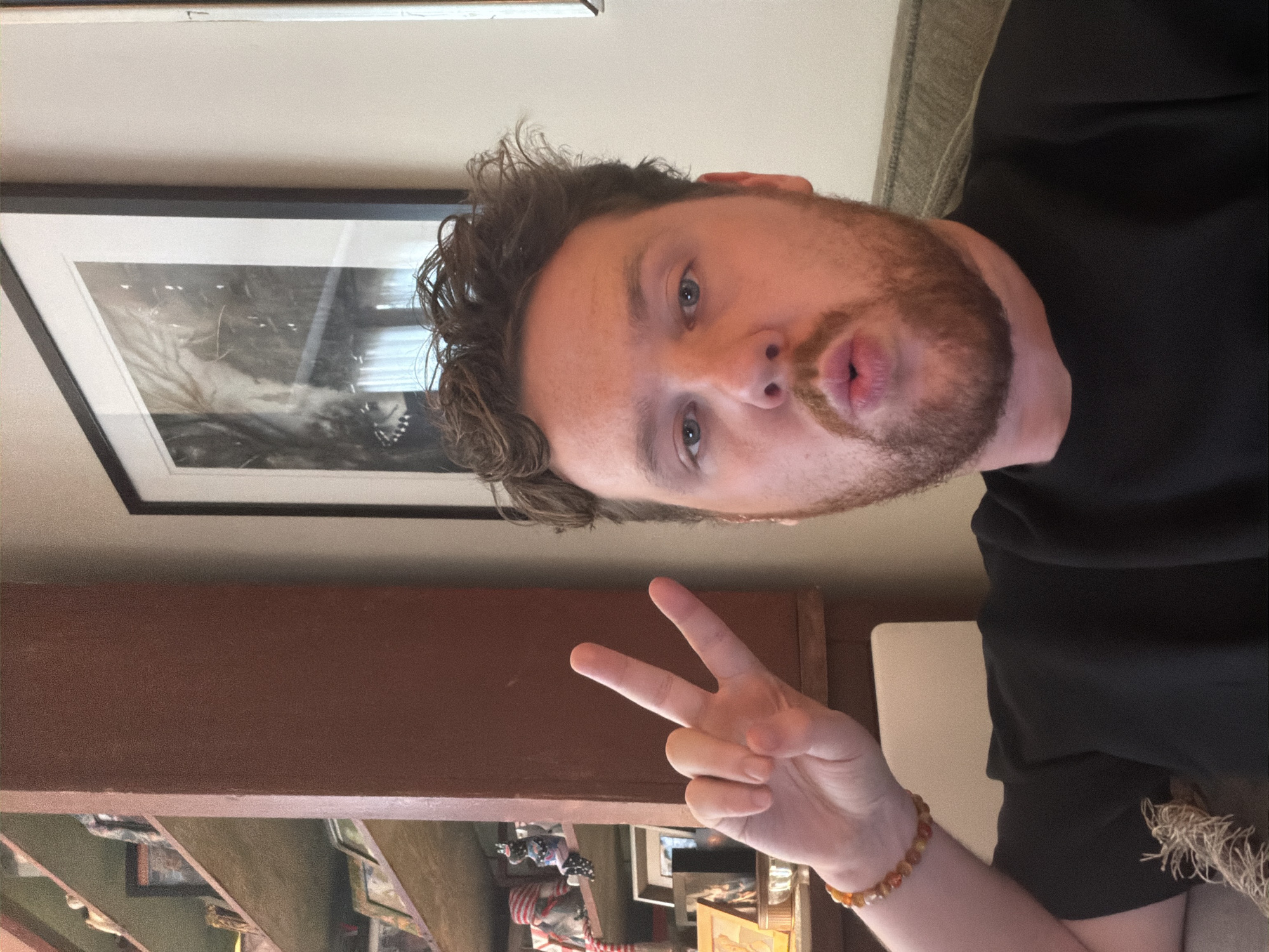 A man with fair skin, brown hair, and a reddish beard is posing for a selfie indoors. He is making a "peace" sign with his left hand and puckering his lips. He is wearing a black shirt and a beaded bracelet. Behind him, there's a framed black and white photograph on the wall and a wooden shelf or cabinet displaying various objects. Based on the nature of the image, it's unlikely to ascertain any specific city or location details such as New York without further evidence.