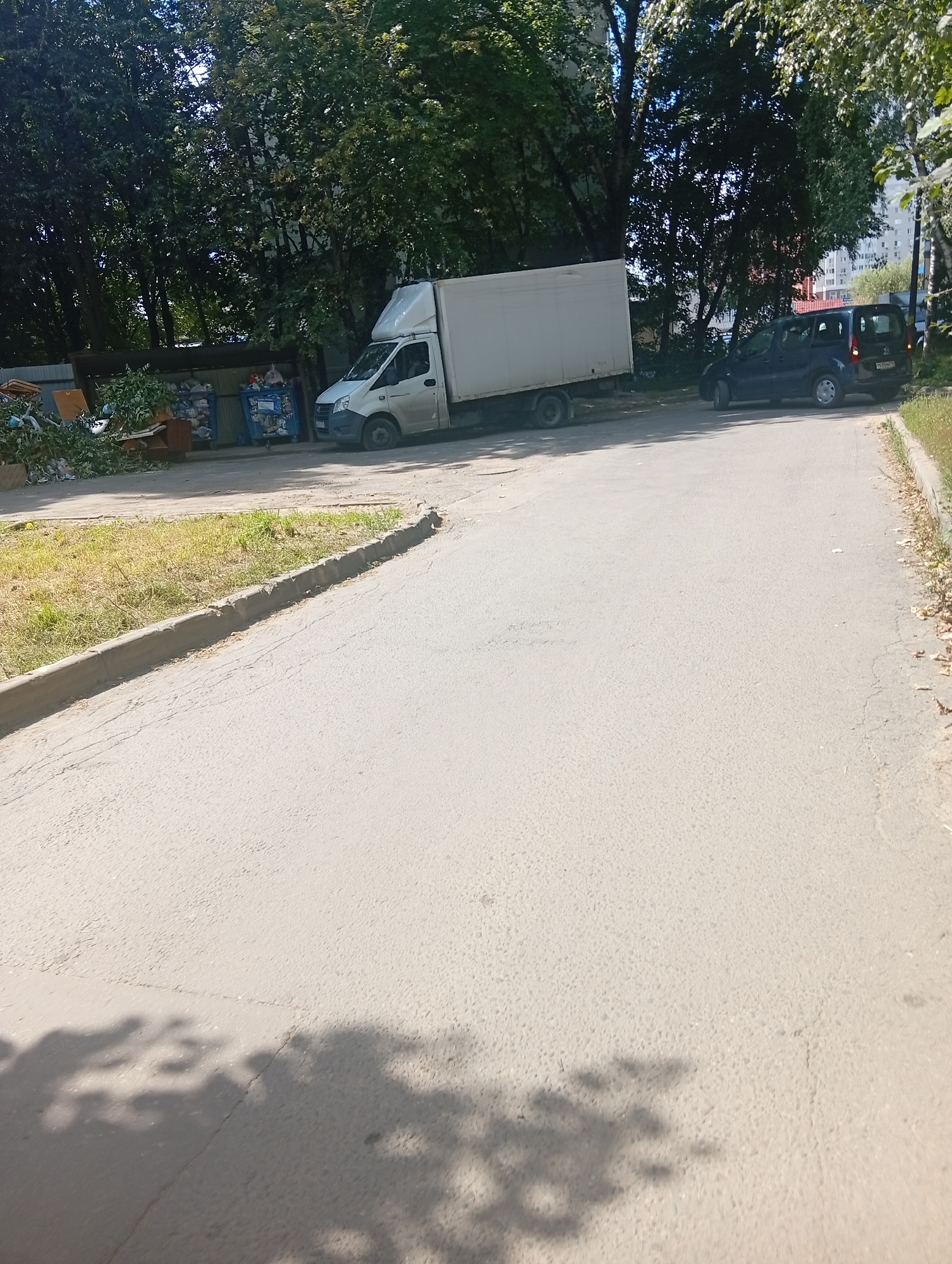 A sunny day captures a scene in Pushkino, Russia, featuring a street next to a patch of grass and trees. On the left side of the street, a white box truck is parked, and further down, there are some overflowing trash receptacles. To the right of the truck, a dark-colored minivan is also parked. The street itself is paved, and the grass area is somewhat dry, with shadows of trees falling across the pavement. In the background, apartment buildings and more trees are visible. The overall atmosphere is that of a typical urban street scene on a warm day.
