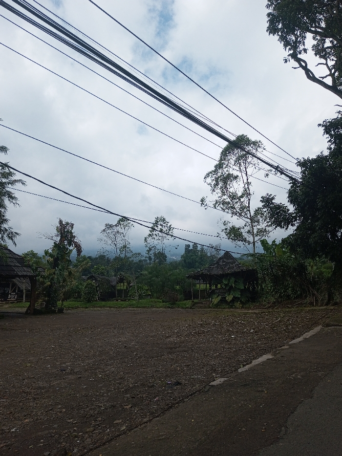 A cloudy sky hovers above a landscape with multiple wooden structures, resembling gazebos, nestled amidst dense vegetation. Utility lines crisscross the sky. The foreground features a rough, uneven dirt patch, transitioning into a paved surface on the right. The overall scene suggests a rural or semi-rural setting, possibly a park or recreational area.