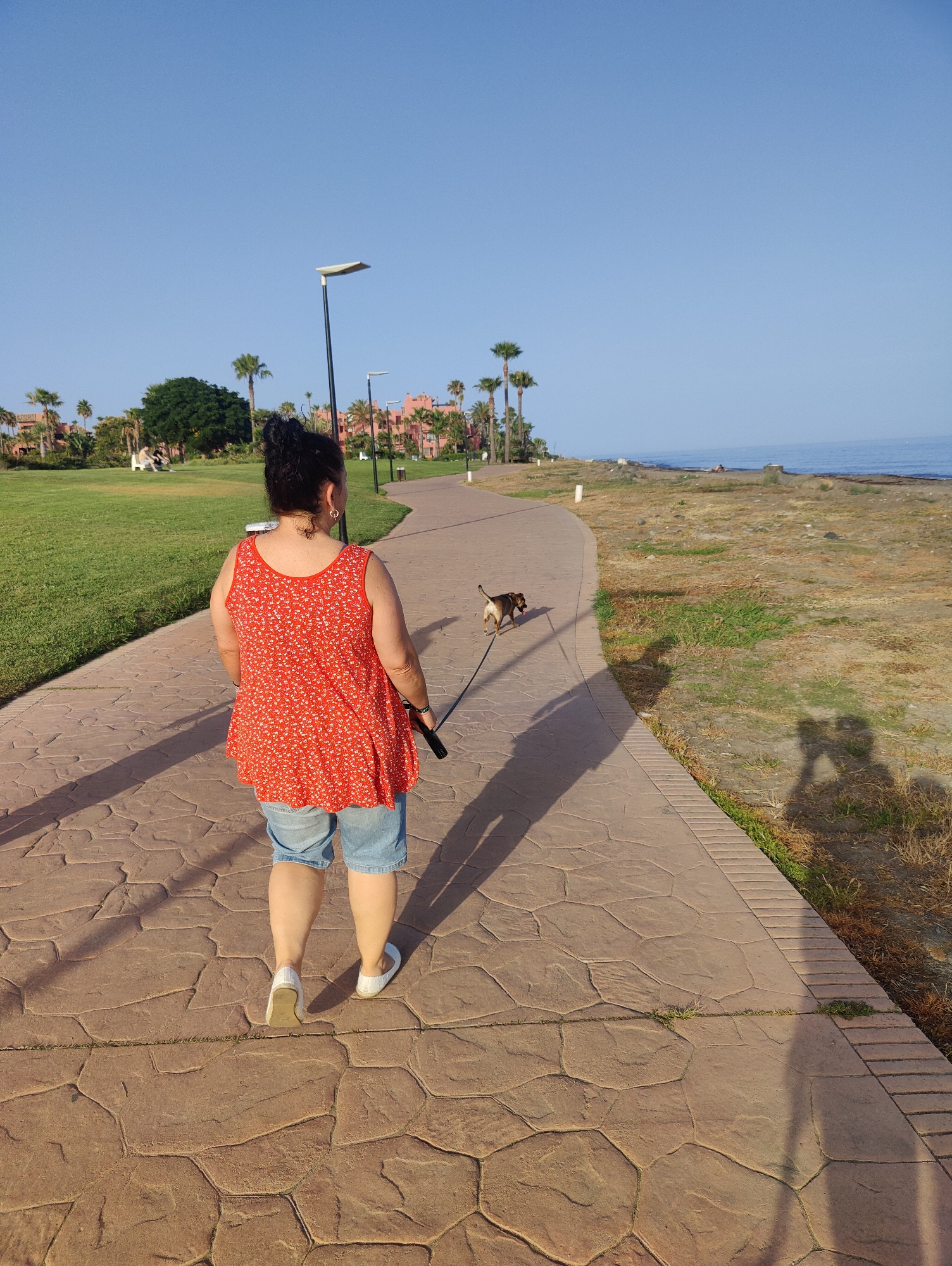 A woman wearing a red floral sleeveless top and denim shorts walks on a paved pathway with her small dog on a leash. The pathway is curved and made of textured, reddish-brown stones. The woman is walking away from the camera, towards a blue body of water, likely the ocean, visible in the distance. To the left of the pathway is a well-maintained green lawn with scattered palm trees and some buildings with pink facades. To the right of the pathway is a dry, grassy area with some sparse vegetation. The sky is clear and blue, indicating it is daytime. The shadow of the person taking the photo is visible on the pathway.