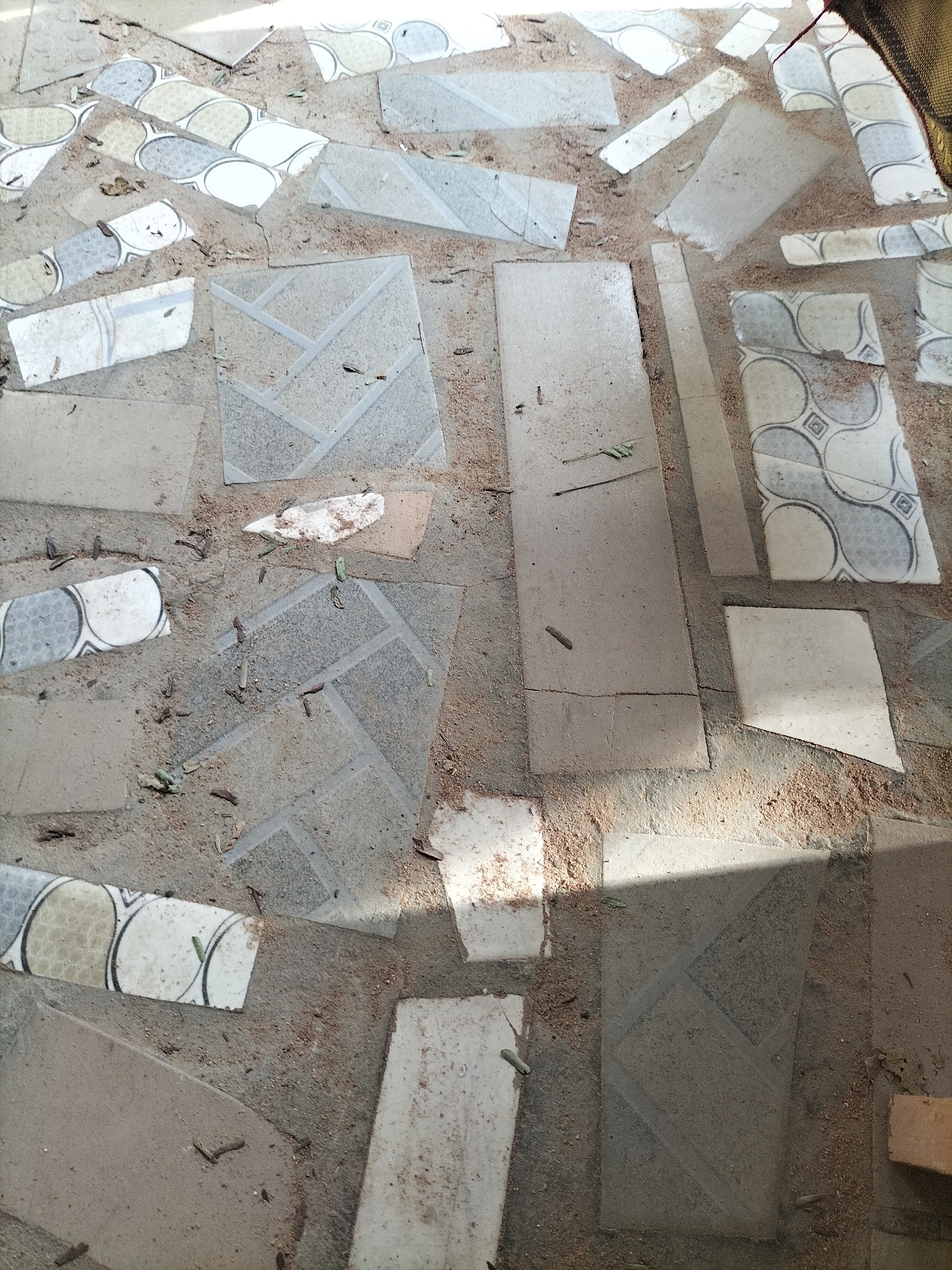 The image depicts a close-up, overhead view of a construction or demolition site in Jalingo, Nigeria. The ground is covered with a mixture of broken tiles, sand, and debris. The tiles are of various shapes, sizes, and patterns, with some featuring geometric designs and others with circular motifs. Many of the tiles are cracked and fragmented, suggesting they have been broken or displaced. The sand appears to be reddish-brown in color, consistent with the soil found in many parts of Nigeria. Small green sprouts are visible among the debris, indicating some plant growth. Sunlight casts distinct shadows across the scene, highlighting the uneven texture of the ground and the broken surfaces of the tiles. The overall impression is one of disarray and ongoing work.