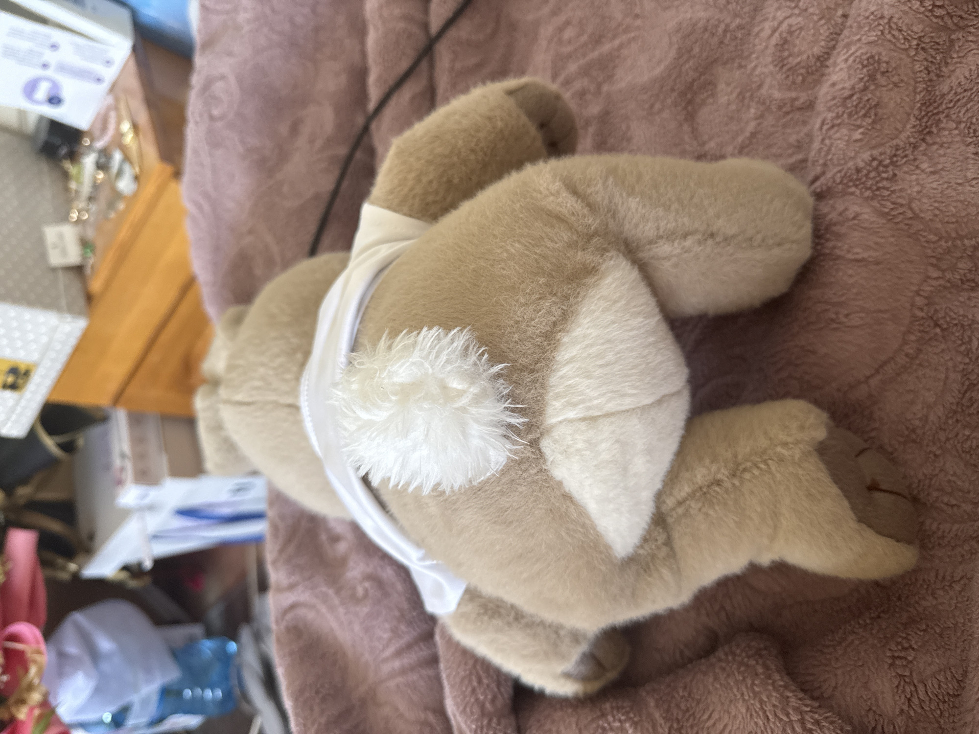 The image shows a stuffed bear toy lying on a pink, textured blanket. The bear is light brown with a white heart-shaped patch on its rear and a fluffy white tail. It appears to be wearing a white garment around its torso. The image is taken from a high angle, looking down on the bear. A cluttered desk or table is visible in the background, containing items such as boxes, papers, and other miscellaneous objects. There are no people visible in the image. The location is not specified and cannot be determined from the image alone. Therefore, I cannot determine if it is in Sofia, Bulgaria.
