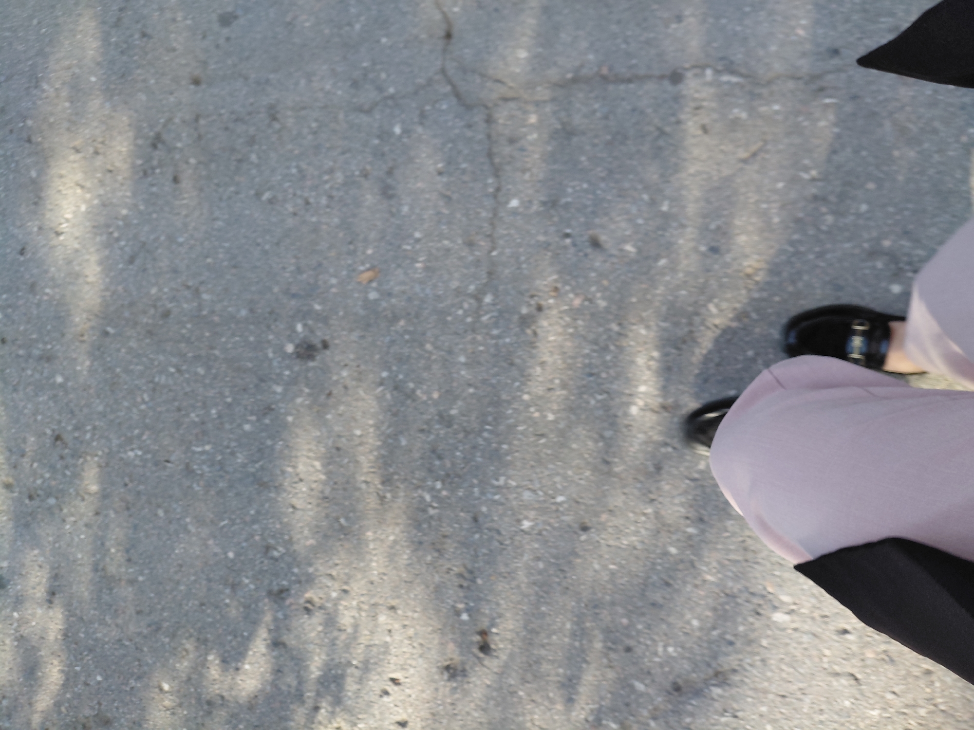 The image shows a person's legs and feet, viewed from a high angle. They are wearing black loafers and pale pink pants. The ground is asphalt with visible cracks and shadows cast by what appears to be foliage. The overall impression is of someone walking outdoors on a paved surface. There is no specific indication of the city of Novosibirsk, Russia within the image itself.