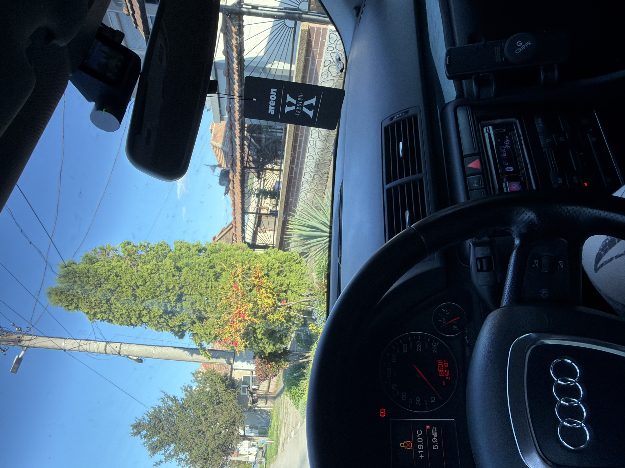 The image presents a rotated view from inside a car, looking out through the windshield onto a residential area in Dolna Mitropolia, Bulgaria.
Inside the car, an Audi steering wheel with its four-ring logo is prominent on the right. The instrument cluster behind it displays a current temperature of "+19.0°C", a fuel consumption of "5.9 L/100km", a trip meter reading "1860.8", and an odometer of "252707". A "P" indicator suggests the car is parked or in park. A dash camera with a visible green light is mounted near the rearview mirror, from which an "areon - VERSION X" air freshener hangs. To the right, a "GT AUDIO" car radio and climate controls are visible, with a "G GRIPPR" branded phone mount attached above them.
Outside the car, under a clear blue sky indicative of daytime, a sturdy concrete utility pole with numerous power lines extends across the view. Lush green trees, including a tall conifer and another tree with reddish-yellow foliage, are visible. Residential buildings with red-tiled roofs and brick walls are set back in the background, partially hidden by the trees and a decorative metal fence. A large agave plant is also noticeable near one of the houses. The scene suggests a calm, suburban or rural setting with good weather conditions.