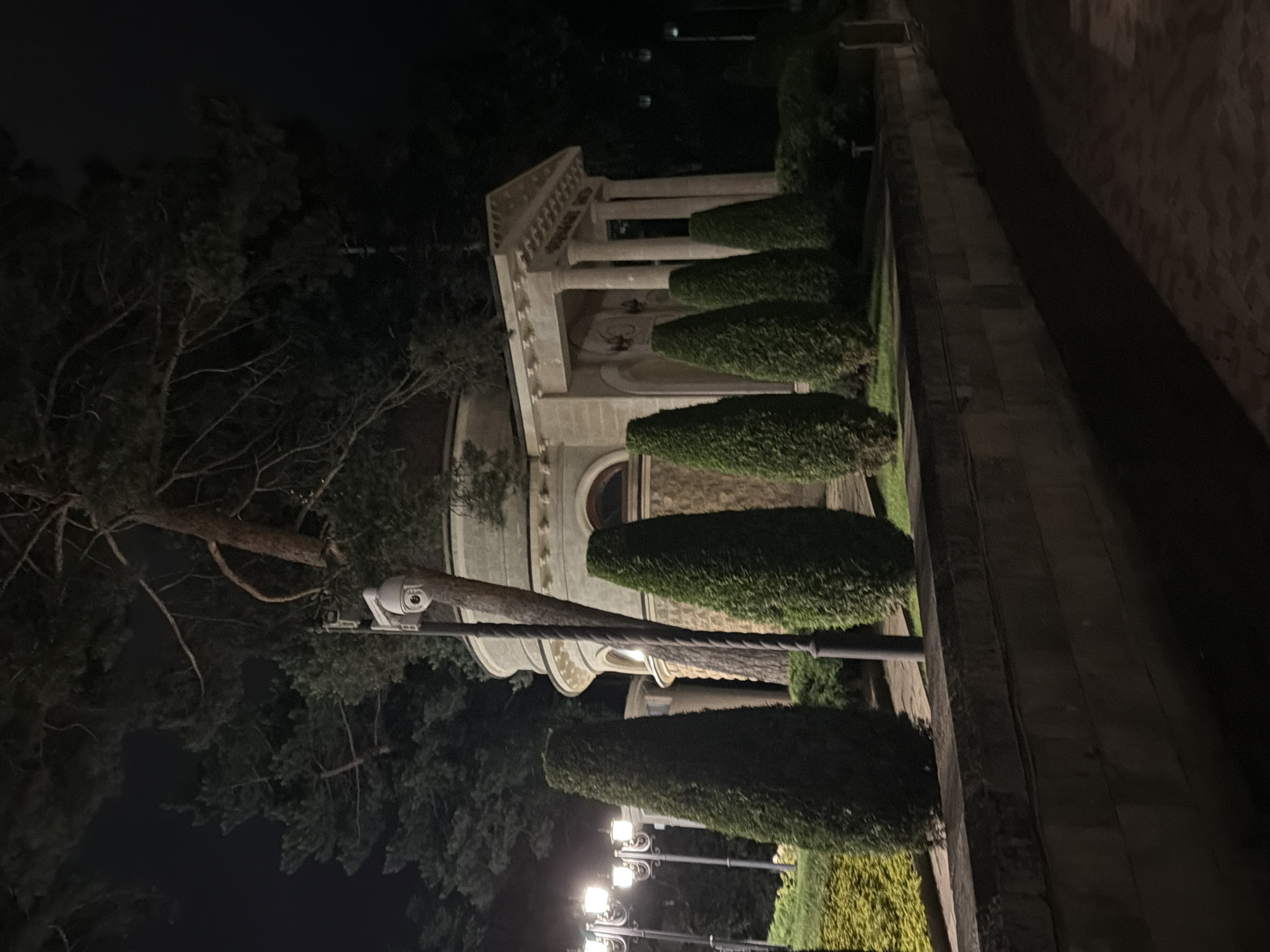 This is a night-time, eye-level, full-shot photograph of a circular building with classical architectural elements, located in Kislovodsk, Russia. The building has a domed roof and is supported by several large columns. In front of the building are several manicured, cone-shaped evergreen bushes. To the left of the building, a lamppost with multiple lights is visible, along with a security camera mounted on a pole. A stone wall runs along the foreground of the image, and a paved walkway is visible to the right. Trees with dense foliage are present in the background and overhead, contributing to the dark and shadowy atmosphere. The sky is dark and clear.