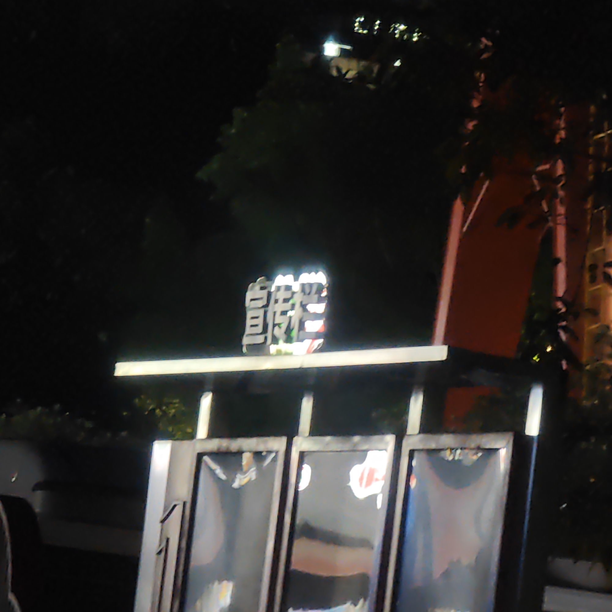 The image shows a sign with Chinese characters in the Yuzhong District of Chongqing, China. The sign is illuminated and sits atop a structure with metal frames and what appears to be informational posters or displays behind them. The background is dark, with glimpses of trees and a red architectural element to the right. Some lights from distant buildings are visible in the upper background.