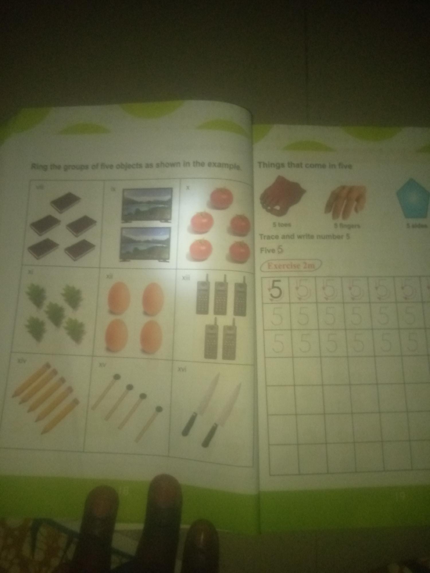 The image shows a page from a children's educational book. The left side of the page has several grids containing images of objects, with Roman numerals labeling each grid. These grids show groups of books, landscapes, tomatoes, leaves, eggs, cell phones, pencils, matches, and knives. The instruction at the top of this section reads "Ring the groups of five objects as shown in the example."
The right side of the page has the heading "Things that come in five" with accompanying images: a foot with five toes, a hand with five fingers, and a pentagon shape with five sides. Below this, there are instructions to "Trace and write number 5" and a section titled "Five 5" followed by "Exercise 2m". This exercise section contains rows of blank squares and some pre-written numbers "5" for tracing.
The image appears to be a photograph taken from a slightly elevated angle, looking down at the open book. The lighting is dim, casting shadows. There is a hand visible in the foreground at the bottom of the image, with three fingers and a thumb. The background is dark and out of focus. The environment is not identifiable as being in Jauro Yinu, Nigeria, or any specific city.