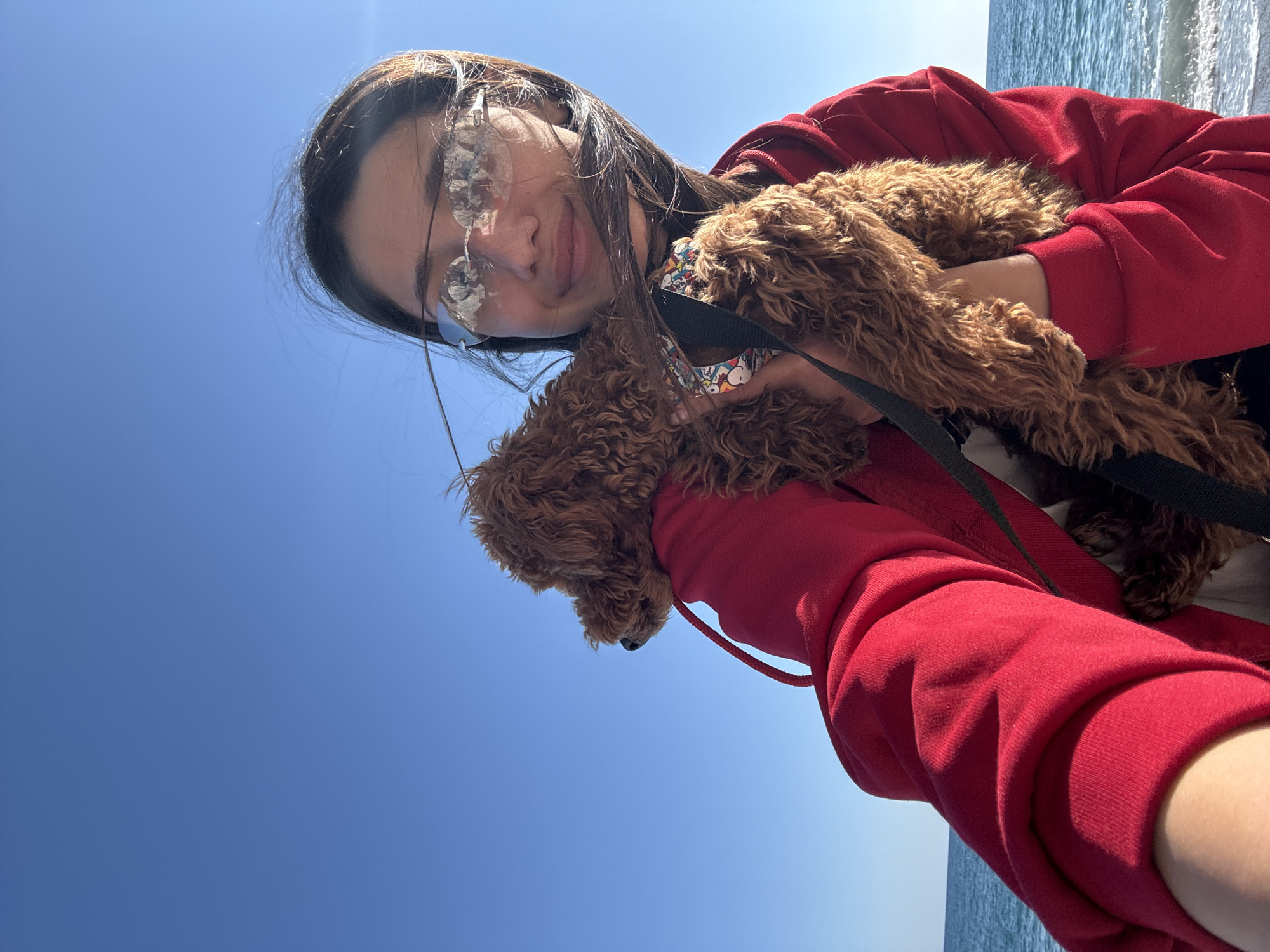 A young woman wearing silver framed glasses and a red hooded sweatshirt is holding a small brown poodle-like dog, secured by a black leash with a colorful pattern. The dog's head is visible on the left side of the frame, while its body is held close to the woman's chest. The background consists of a clear blue sky at the top and a glimpse of the ocean with a hazy horizon at the bottom right. The photograph appears to be taken from a low angle. The location is Zankovići, Montenegro.