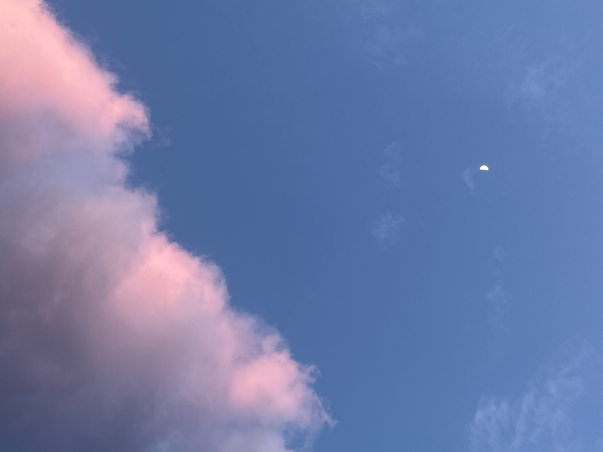 The image shows a blue sky with a pink and gray cloud on the left and a crescent moon on the right. Some wispy clouds are scattered in the blue sky, particularly in the lower right quadrant. The image was likely taken during twilight. The location is not identifiable as Budva, Montenegro, based solely on the sky and cloud features.