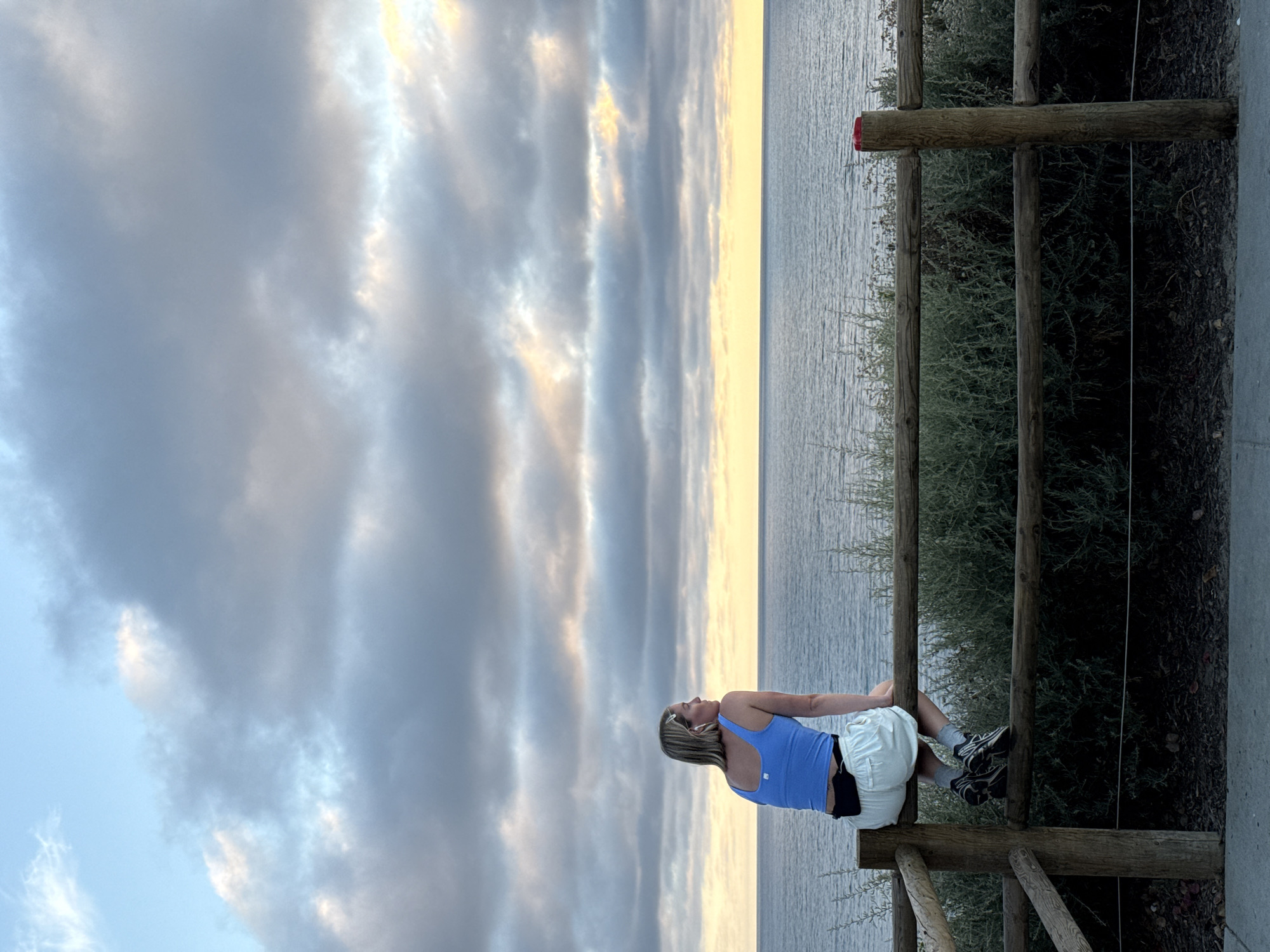 A woman is sitting on a wooden fence overlooking the ocean in Encinitas, California. She is wearing a blue tank top, white shorts, and athletic shoes. She has earbuds in and is looking out at the water. The sky is cloudy with some hints of sunset colors. The fence is made of rough-hewn logs and is covered in greenery. The ocean is calm and stretches to the horizon.