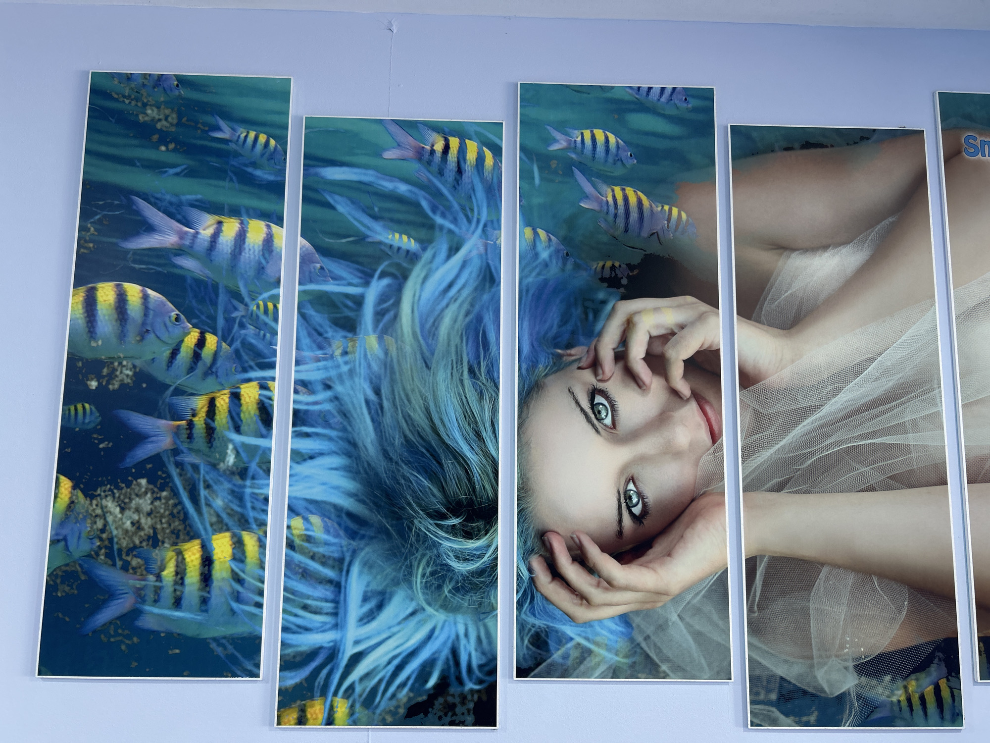 A multi-panel artwork is displayed on a light blue wall in Cala Rajada, Spain. The artwork features a woman with vibrant blue hair, her face turned towards the viewer with striking green eyes. She is lying down, her hands gently framing her face. The artwork is divided into five vertical panels. The leftmost panels depict a school of fish swimming in an underwater scene with blue and green hues. The panels to the right focus on the woman, with her upper body and a portion of her arm visible, draped in sheer white fabric. The final panel on the far right shows a portion of her shoulder and the white fabric, with the word "Smile" faintly visible. The artwork has a glossy finish and is framed by thin white borders.