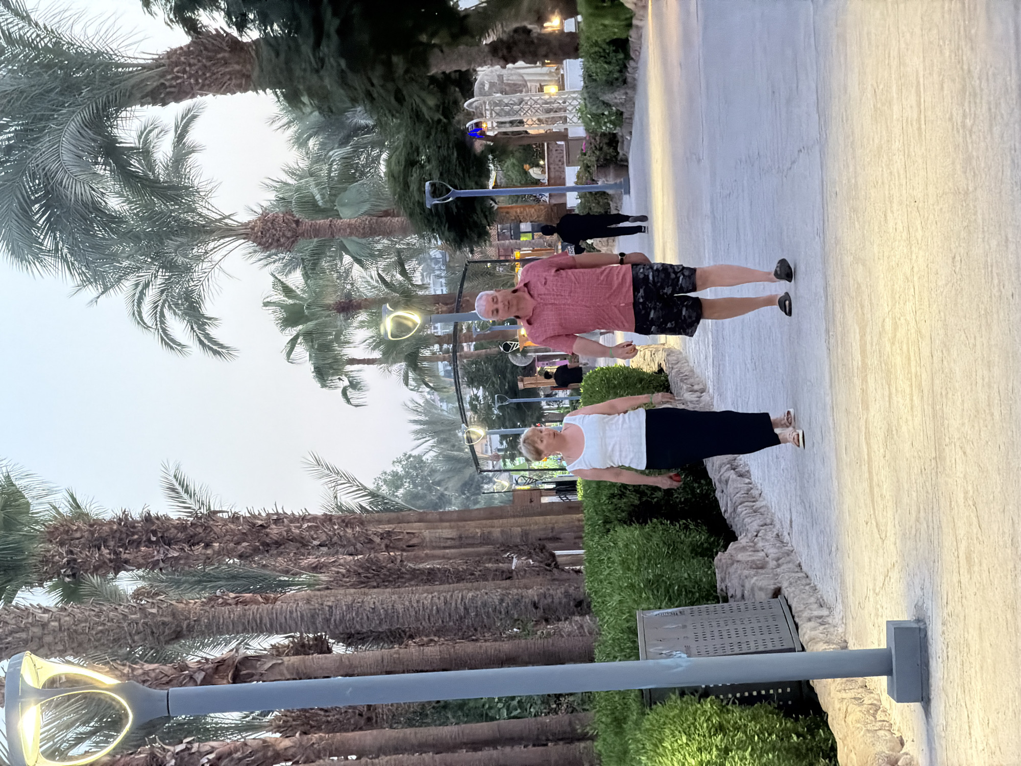 In Sharm El Sheikh, Egypt, a man and a woman walk side-by-side on a paved pathway lined with palm trees and manicured bushes. The woman, on the left, wears a white sleeveless top and a long black skirt, with her hair styled short. The man, on the right, is dressed in a salmon-colored short-sleeved shirt and patterned black shorts. They are walking away from the camera, towards the right side of the frame. In the background, several other individuals are visible, including one person in a dark garment walking away from the camera and another near a food stall. The pathway is illuminated by streetlights with distinctive heart-shaped lamps. The atmosphere suggests an evening setting, with a soft, ambient light.