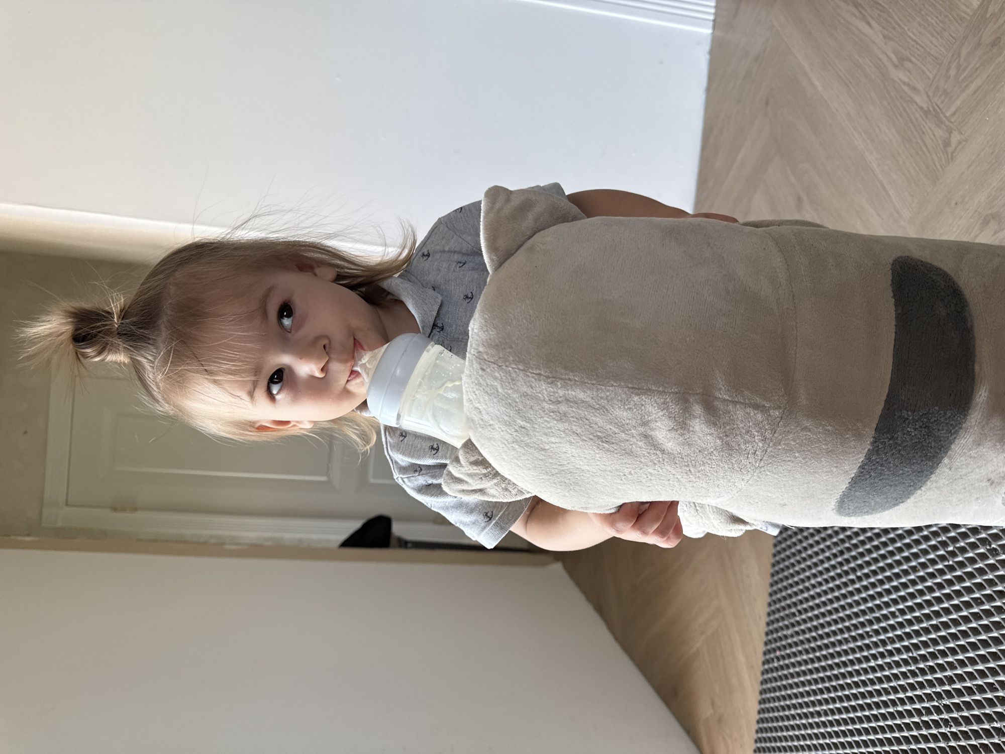 A young child with blonde hair pulled into a small ponytail stands indoors, holding a baby bottle to their mouth and clutching a large, plush, tan-colored stuffed animal. The child wears a light gray shirt with a small anchor pattern. The background includes a white wall, a door frame, and wood-patterned flooring. The bottom of the image features a black, grid-patterned surface, possibly a mat. The location is unknown.