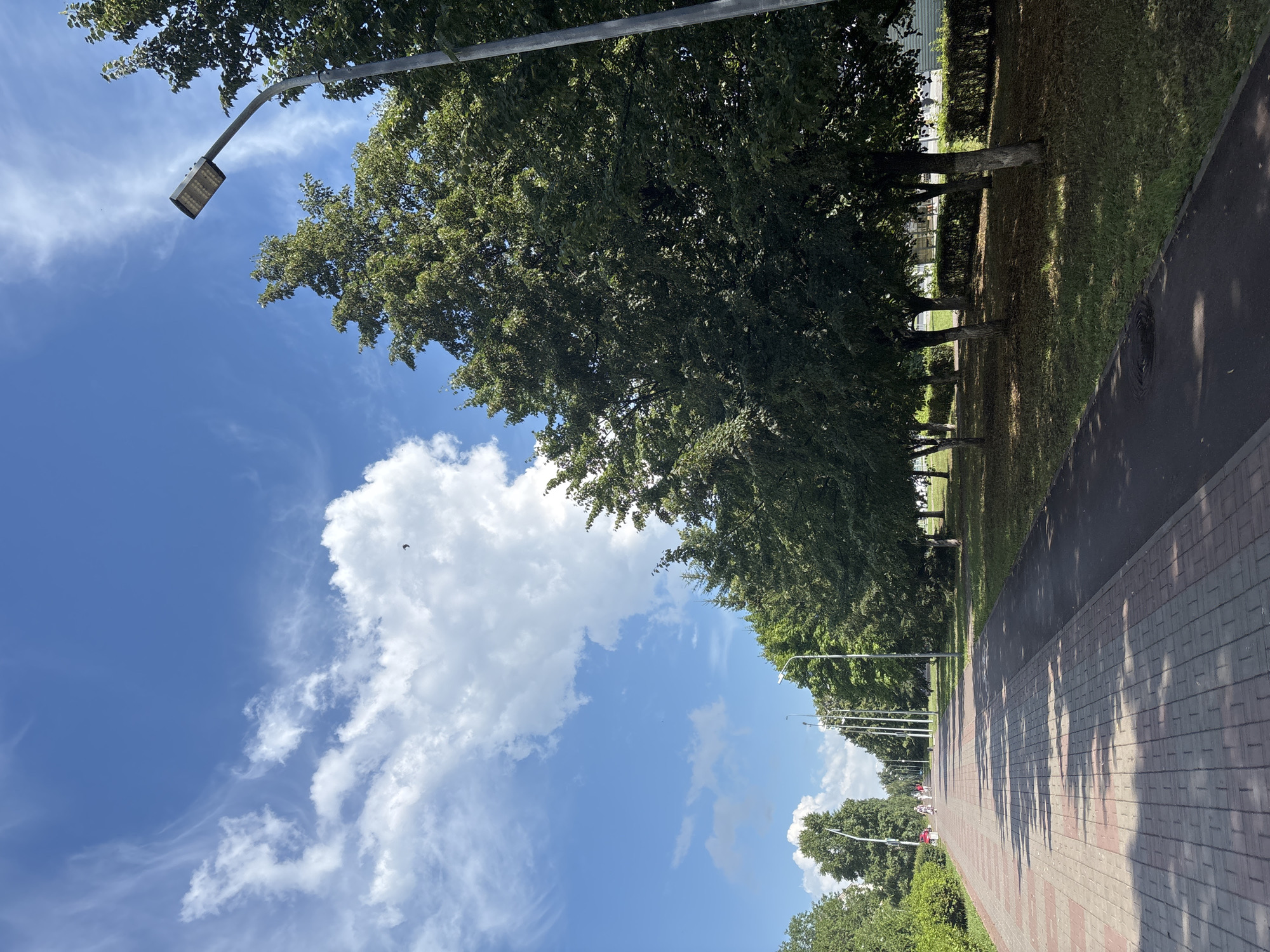 This image depicts a tree-lined pedestrian walkway in Naberezhnye Chelny, Russia, under a partly cloudy blue sky. The walkway is paved with reddish-brown rectangular bricks and runs alongside a darker asphalt path. A row of mature deciduous trees with dense green foliage borders the right side of the path, casting dappled shadows on the grass and walkway. Several modern streetlights are visible along the walkway. In the distance, a few individuals are walking or cycling, and some low green bushes and hedges are present. The overall scene suggests a public park or a well-maintained urban thoroughfare.