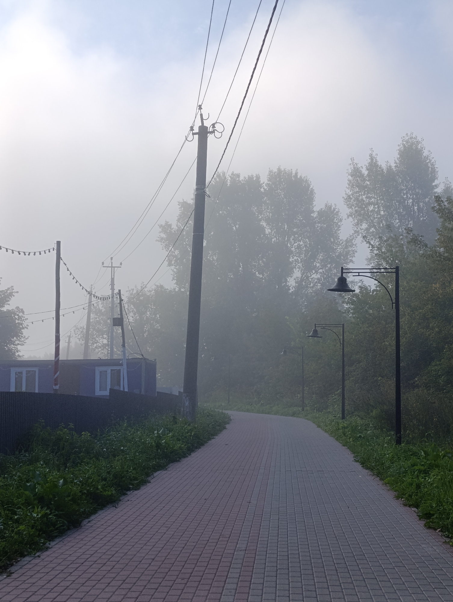 A paved walkway curves through a foggy, rural landscape, bordered by lush green vegetation. The walkway is made of red and gray bricks laid in a uniform pattern. On the left side of the walkway, a low fence encloses a small building with white-framed windows. Overhead, power lines crisscross the sky, supported by utility poles. The trees in the background are partially obscured by the dense fog, their shapes softened and indistinct. Several lampposts with bell-shaped shades line the right side of the walkway, their dark silhouettes standing out against the misty backdrop. The overall atmosphere is serene and slightly melancholic, with the fog creating a sense of quiet isolation.