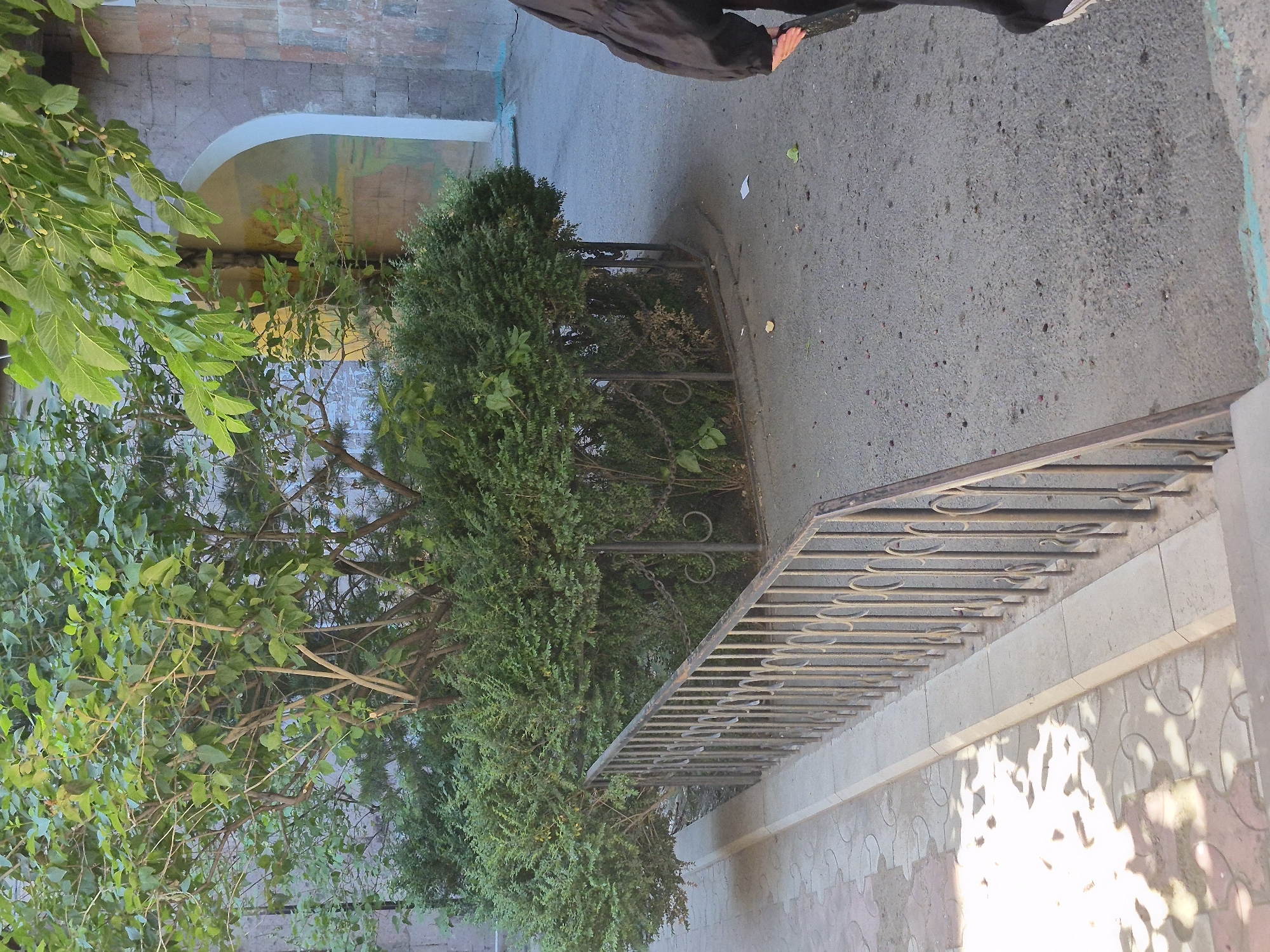 This image captures an outdoor urban scene, likely a pathway or sidewalk adjacent to a green area and a building in Yerevan, Armenia.
In the immediate foreground, a patterned tiled sidewalk is visible, with bright sunlight creating dappled shadows of leaves. A dark metal fence, featuring decorative circular and curved elements, runs along the edge of this sidewalk, acting as a barrier.
Behind the fence, a dense line of lush green bushes and trees forms a natural boundary. Some of the trees have light green leaves and small, light-colored fruits or buds. Beyond this green buffer, to the right, a paved path or road is visible, upon which the lower body of a person can be seen. The person is wearing dark trousers or a skirt and a light-colored shoe. A faint light blue-green line marks the edge of the paved surface.
In the upper left background, a building facade constructed from reddish-brown and gray stones is prominent. An arched opening is visible within this stone wall, revealing a darker, possibly shaded interior.
The scene is set during the daytime under clear, sunny conditions, indicated by the bright light and shadows. The architecture, with its stone work and arched design, along with the specific urban greenery, is consistent with locations found in Yerevan, Armenia. There is no visible text in the image.